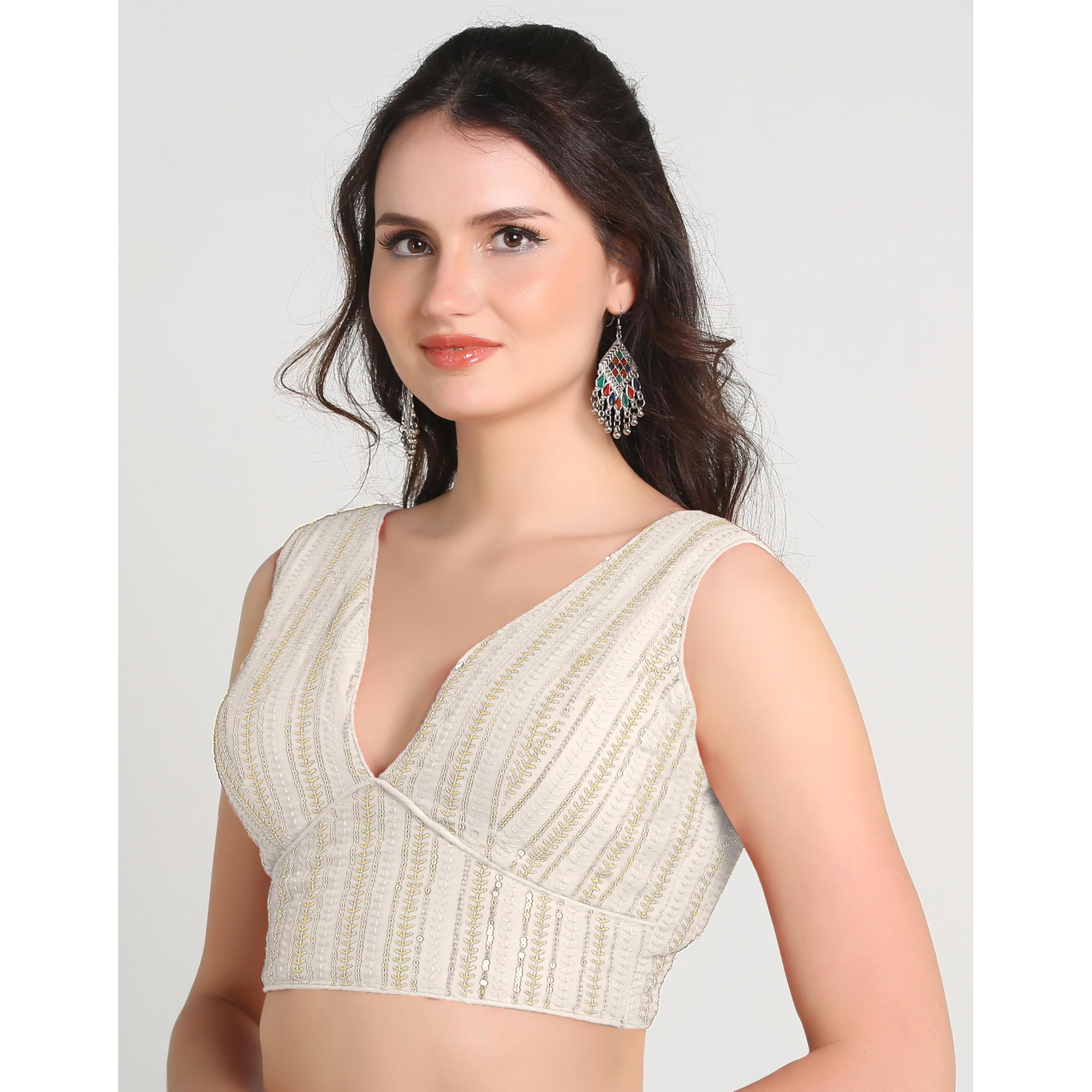 Pujia Mills Women's Indian Ethnic Wear Sabyasachi Sequence With Dhaga Embroidered Zari Work Sweetheart Neck Blouse Sleeveless Readymade Padded Saree Back Open String Pattern Blouse