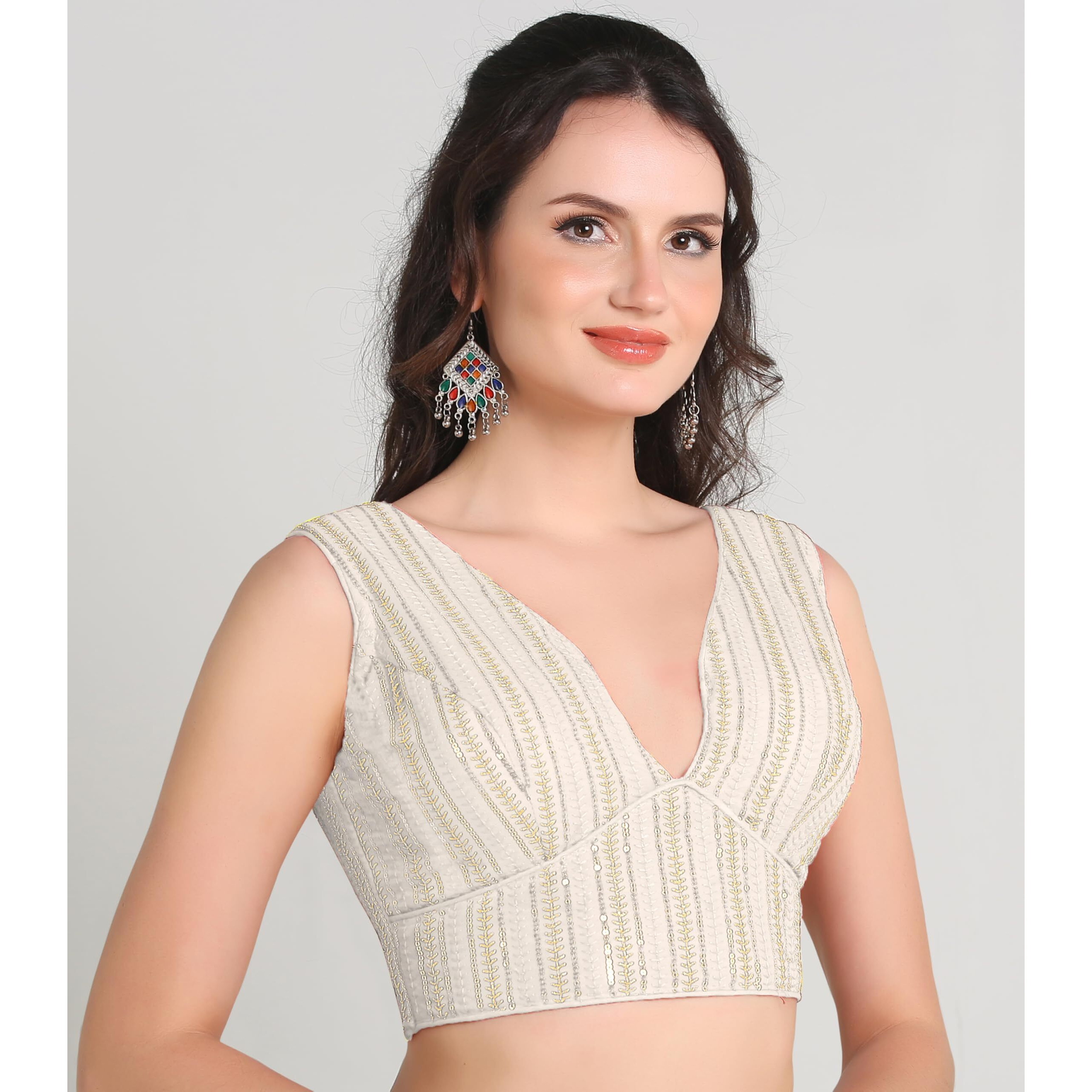 Pujia Mills Women's Indian Ethnic Wear Sabyasachi Sequence With Dhaga Embroidered Zari Work Sweetheart Neck Blouse Sleeveless Readymade Padded Saree Back Open String Pattern Blouse