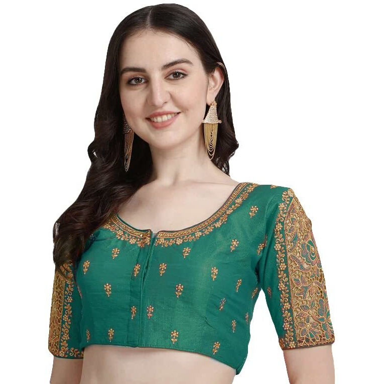 Pujia Mills Women's Silk Floral Half Sleeve Blouse (Gulab Rama_Rama_38)