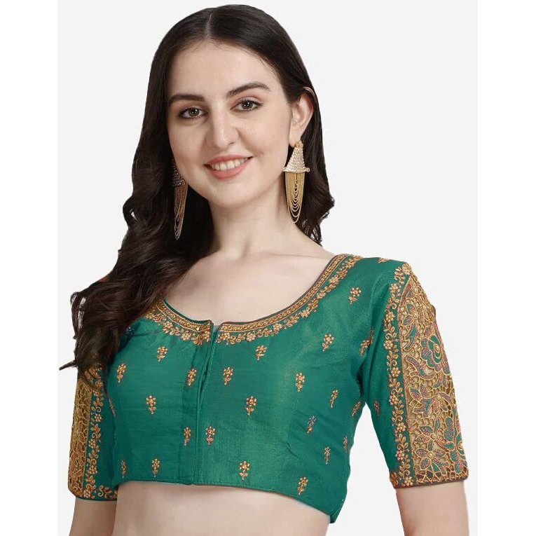 Pujia Mills Women's Silk Floral Half Sleeve Blouse (Gulab Rama_Rama_38)