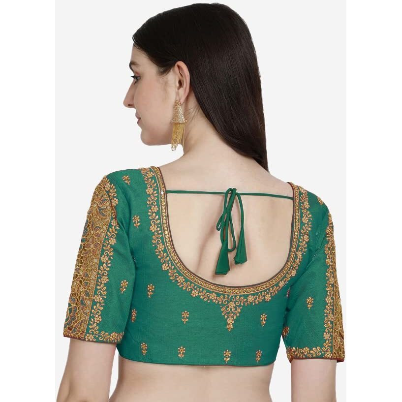 Pujia Mills Women's Silk Floral Half Sleeve Blouse (Gulab Rama_Rama_38)