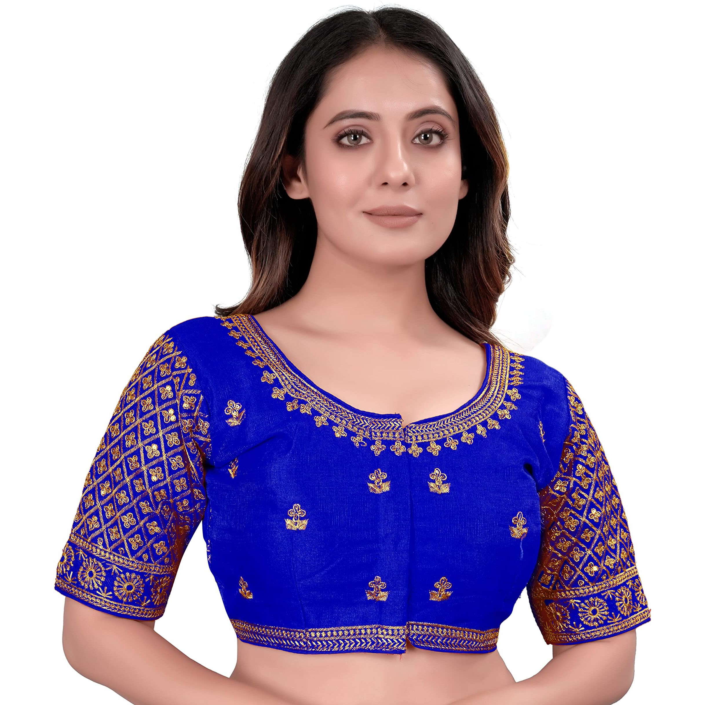 Pujia Mills Women's Blouse Readymade Blouse Embroidery Blouse Readymade Blouses For Women Readymade Blouses For Women Half Readymade Saree Blouse For Women Blue Blouse Readymade (Sigma Royal Blue 38)