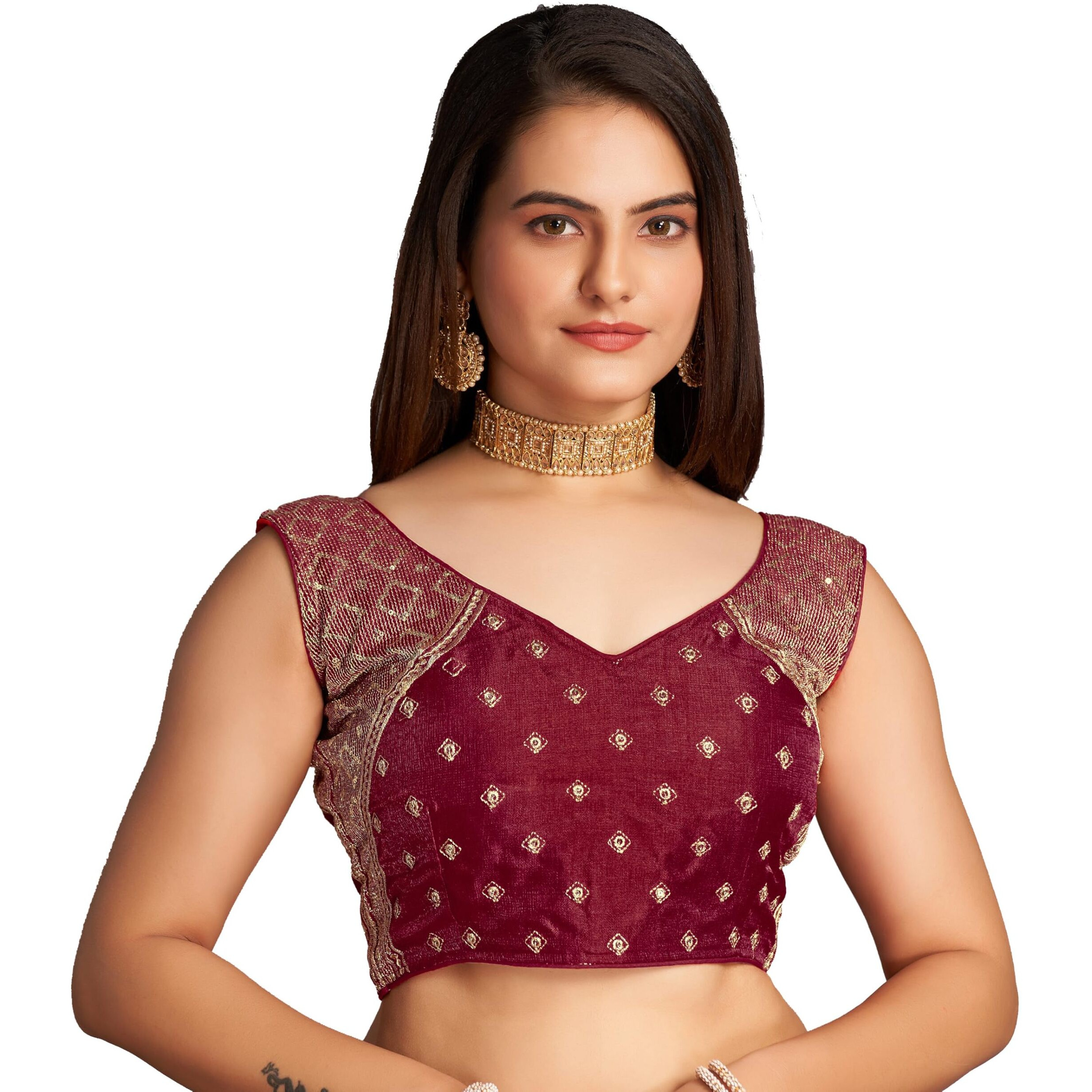 Pujia Mills Women's Sequin Embroidered V Neck Sleeveless Maroon Readymade Saree Blouse Indian Ethnic Stitched Padded Blouses For Women