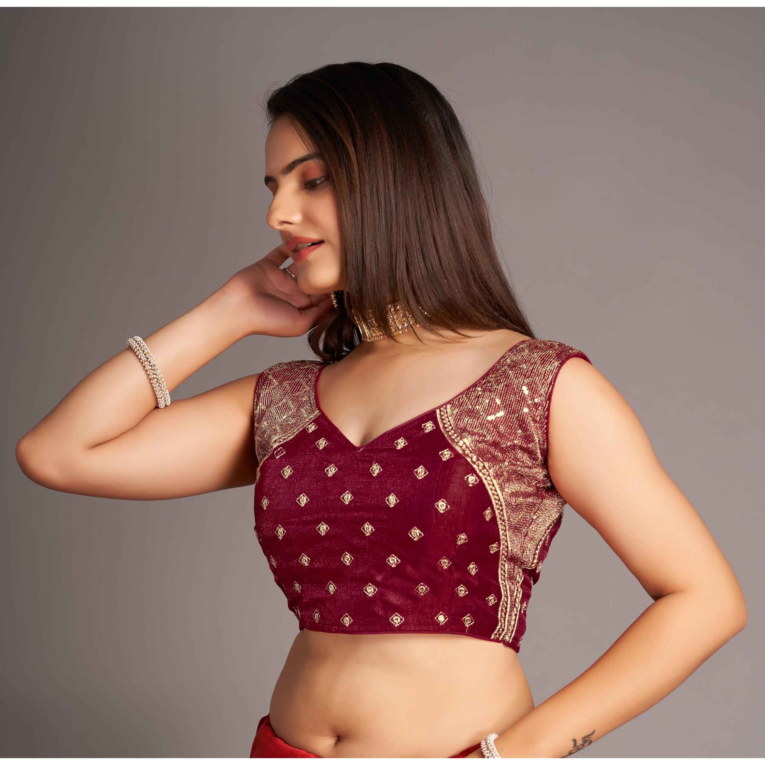 Pujia Mills Women's Sequin Embroidered V Neck Sleeveless Maroon Readymade Saree Blouse Indian Ethnic Stitched Padded Blouses For Women