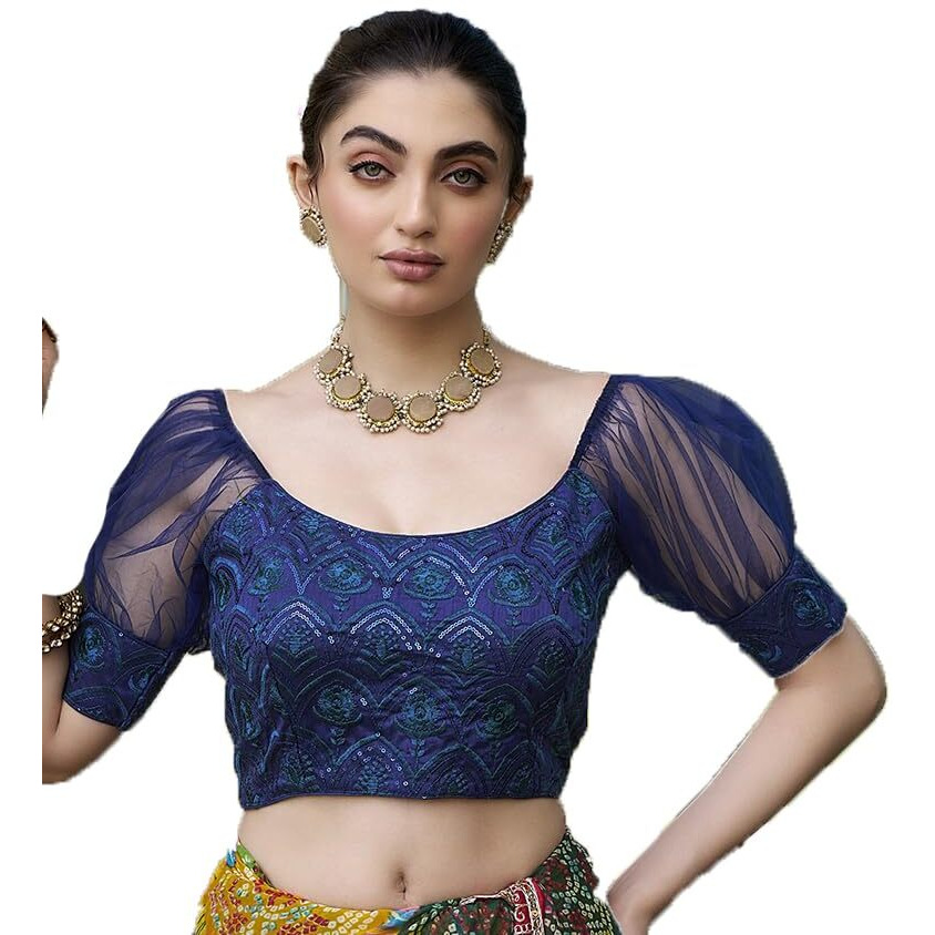 Pujia Mills Womens Net Fabrics Round Neck Puff Sleeve Blouse (More Peach, 38)