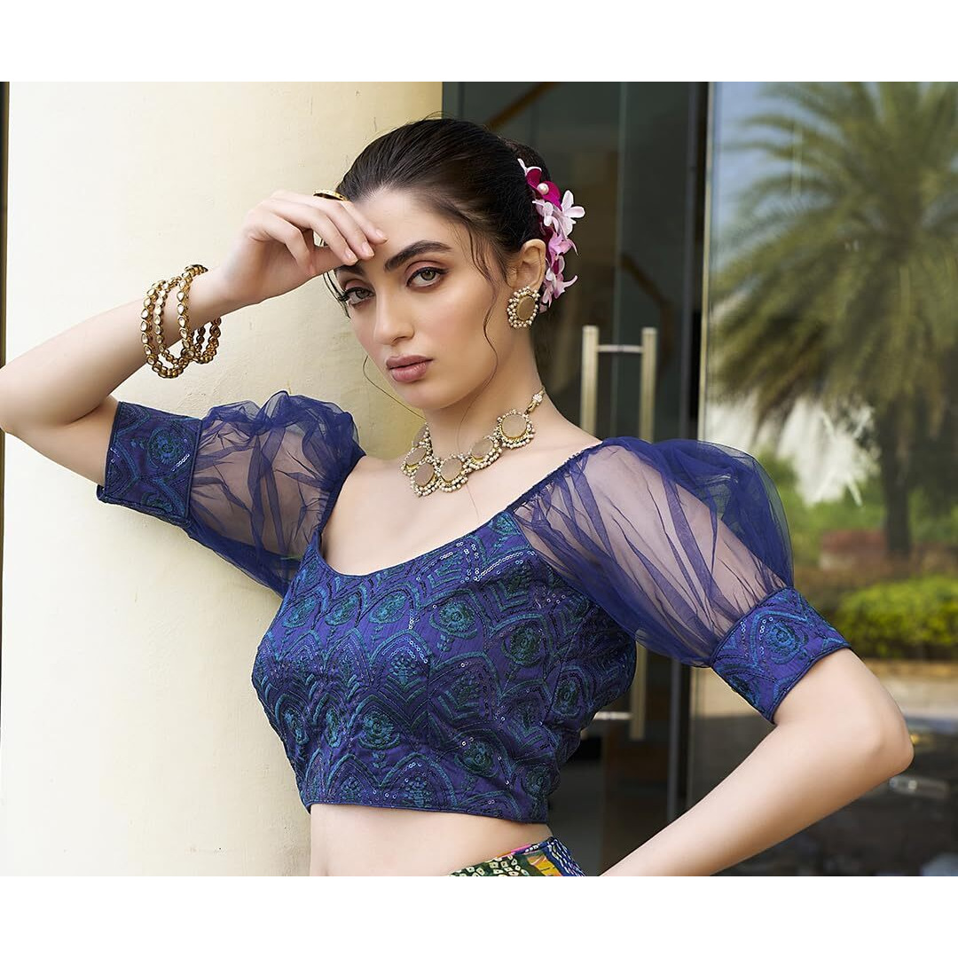 Pujia Mills Womens Net Fabrics Round Neck Puff Sleeve Blouse (More Peach, 38)