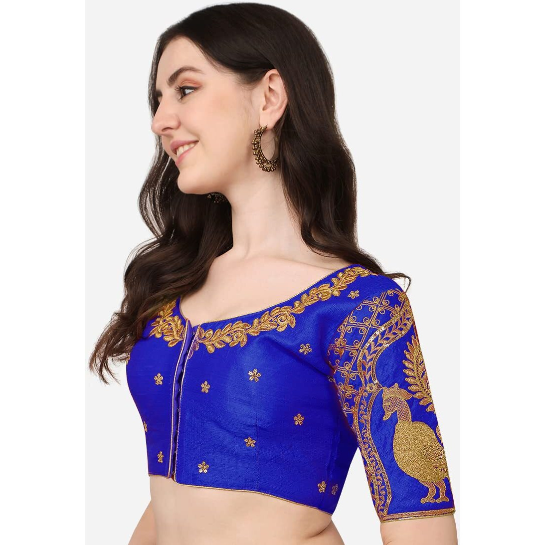 Pujia Mills Women's Silk Embroidery Half Sleeve Readymade Blouse (Morr Blouse_Royal Blue_38)