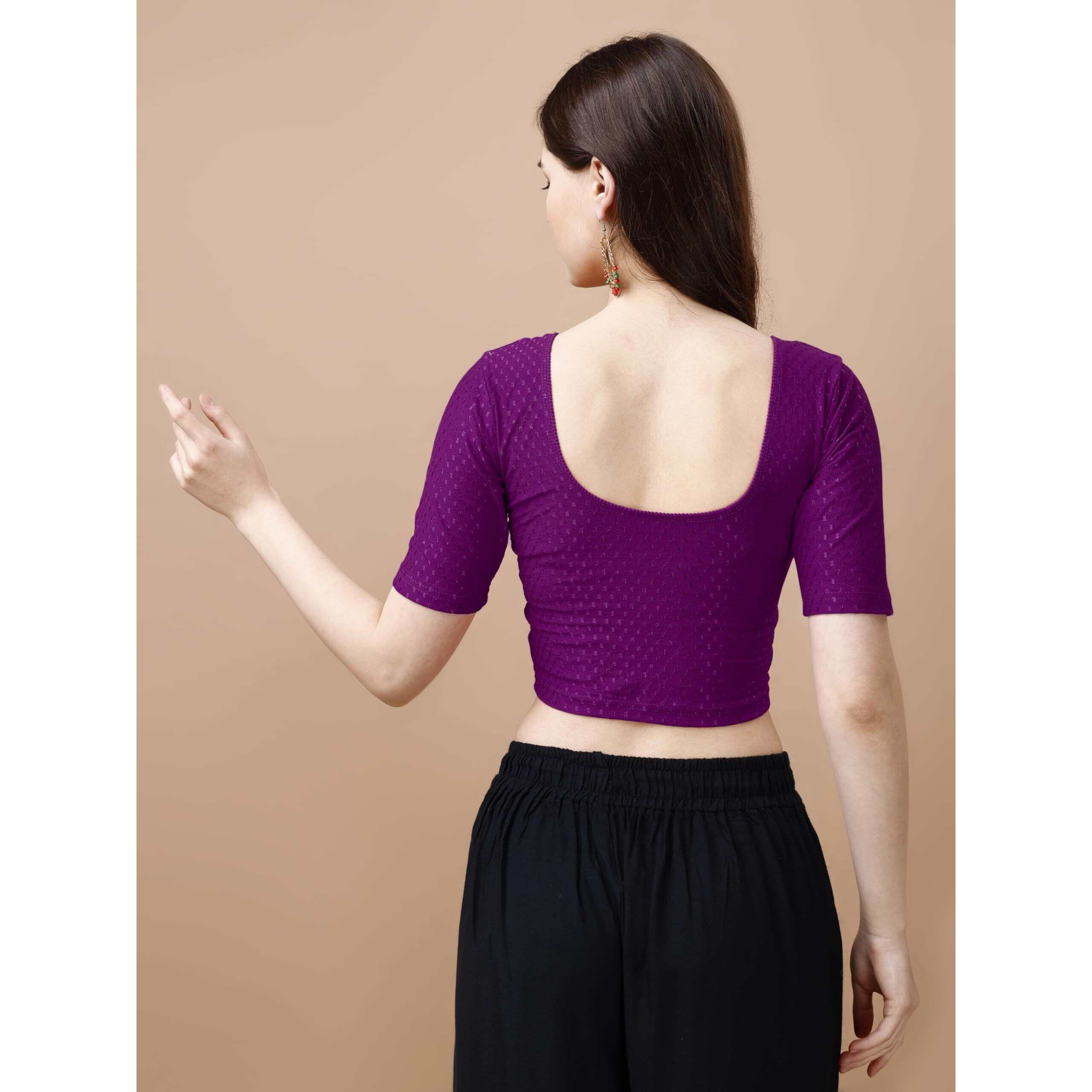 Pujia Mills Women's Readymade Dobby Cotton Lycra Stretchable Round Neck Half Sleeve Blouse Fancy Wine Color Lycra Stretchable Blouse For Women Stylish Readymade Saree Blouse