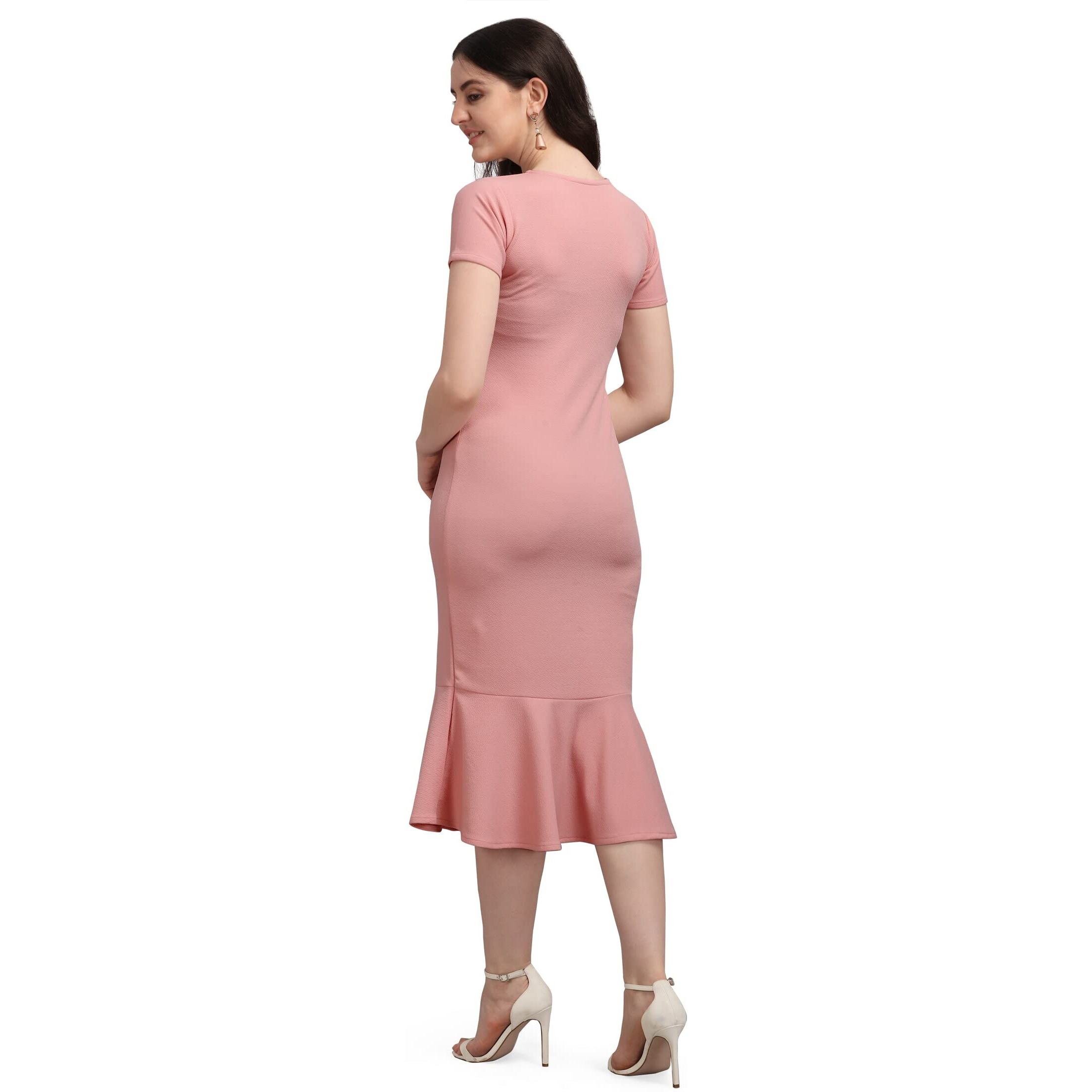 Purvaja Women's Corduroy Bodycon Midi Dress (Ruby-002-Pe-M_Peach