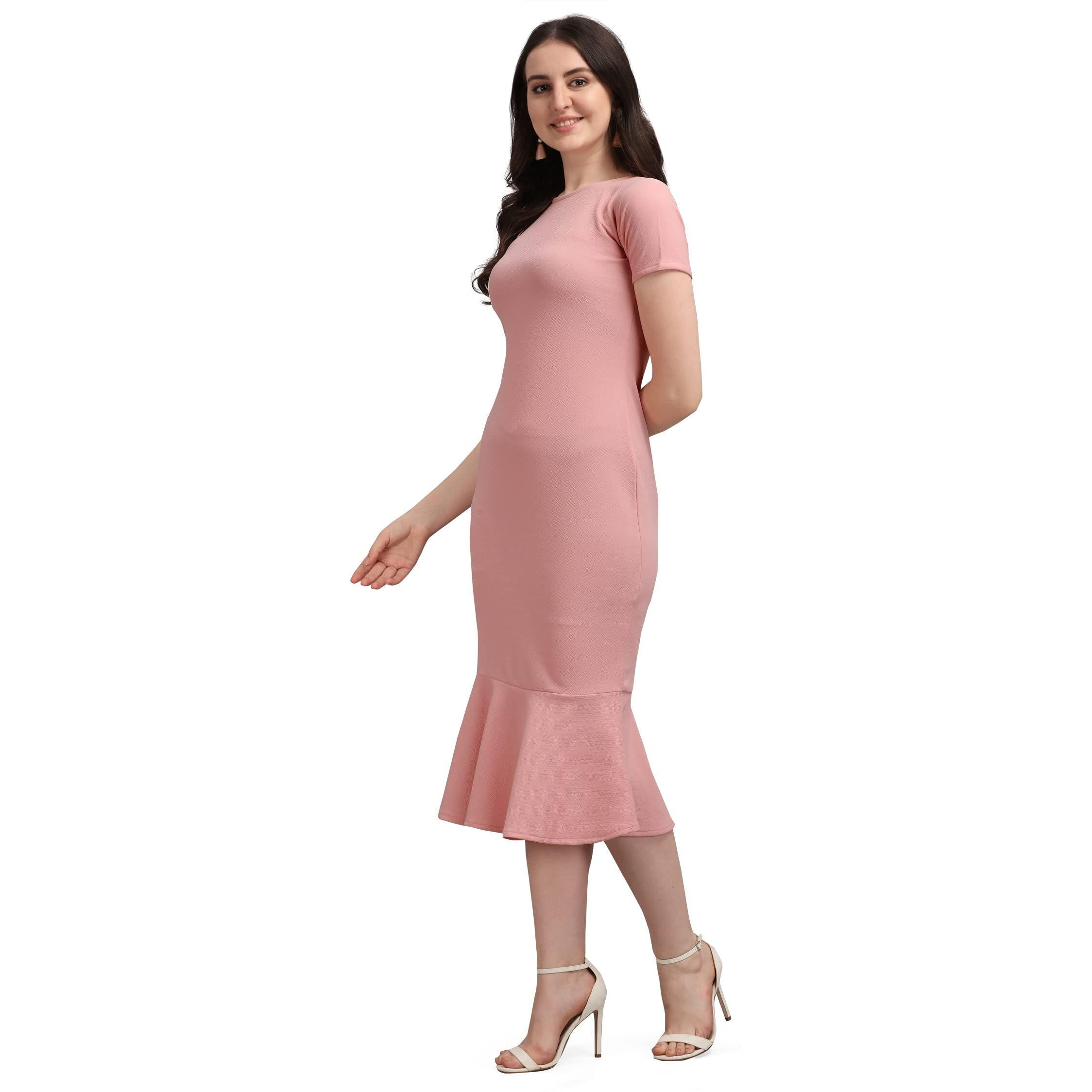 Purvaja Women's Corduroy Bodycon Midi Dress (Ruby-002-Pe-M_Peach