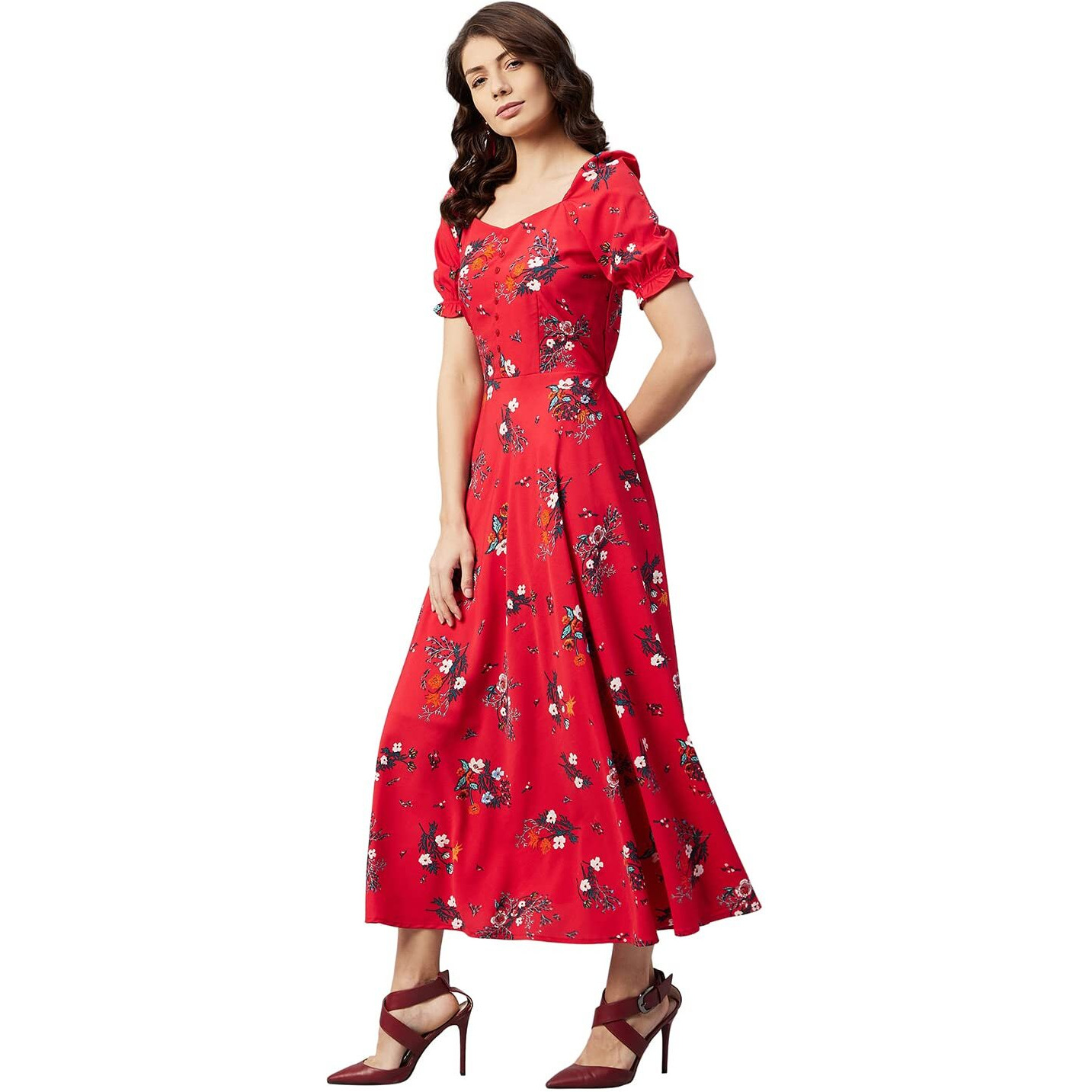 Rare Women's Crepe Fit And Flare Maxi Dress (Ep6218_Red_Xl)