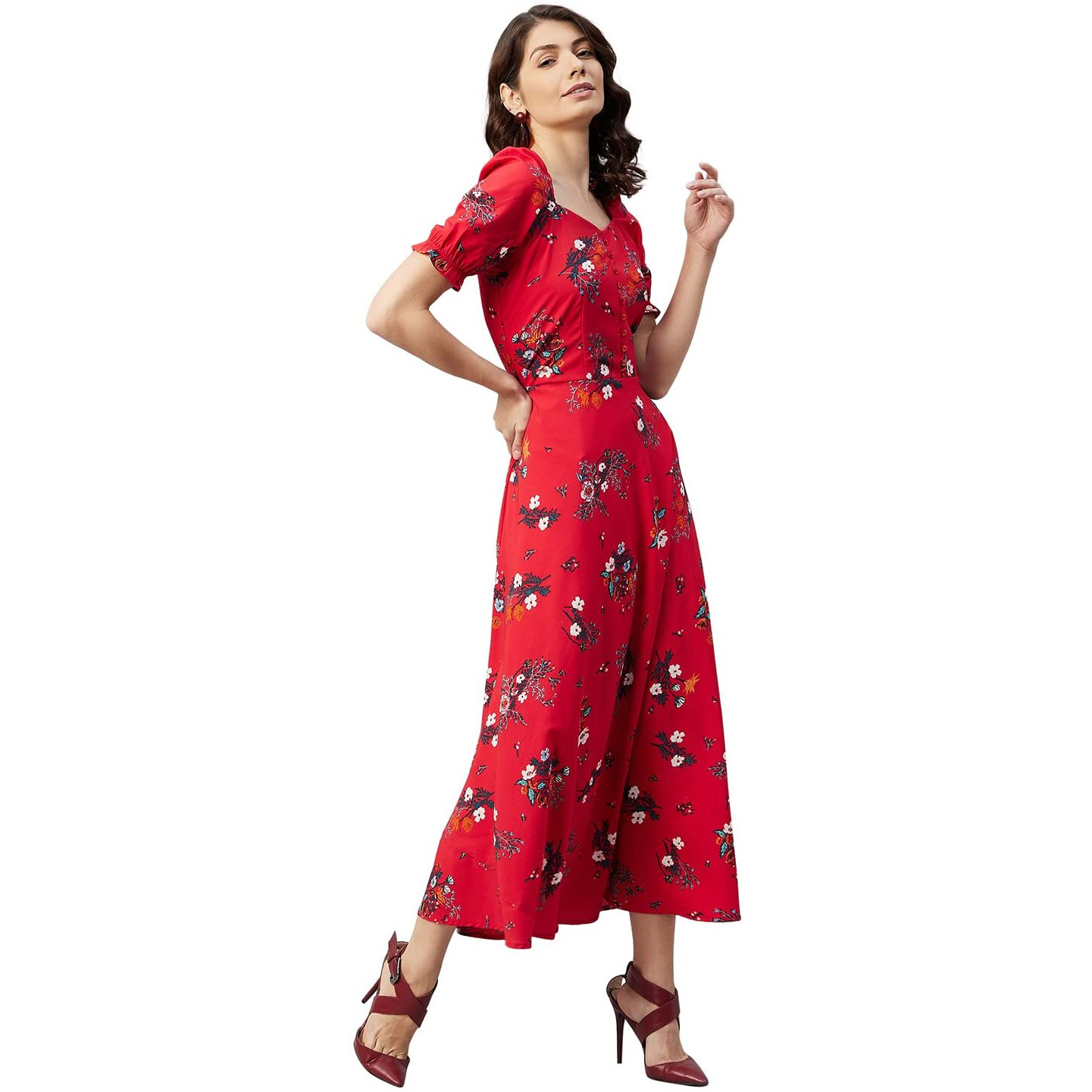Rare Women's Crepe Fit And Flare Maxi Dress (Ep6218_Red_Xl)