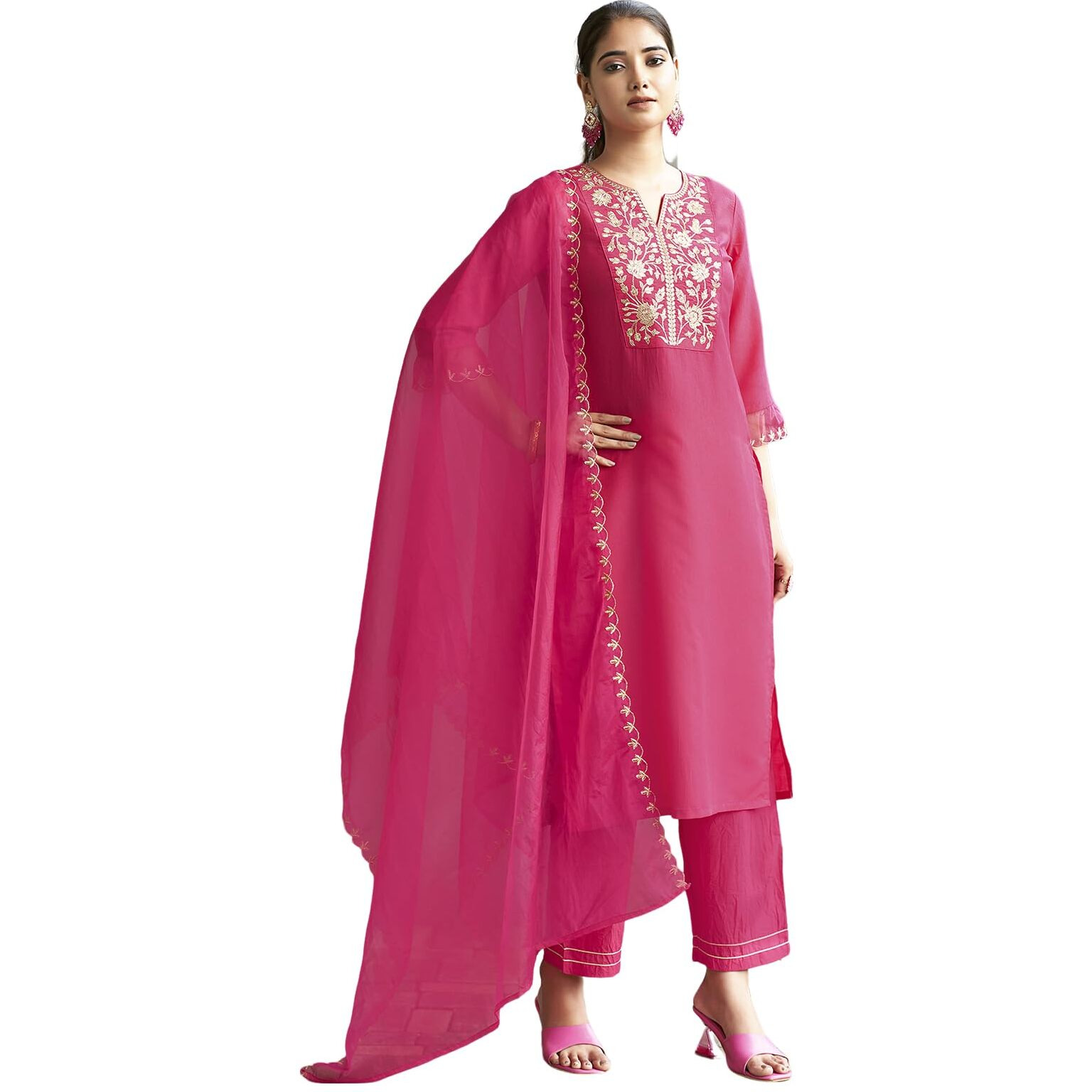 Sanisa Women's Chinnon Silk Sequence Embroidery Straight Kurta With Pant And Dupatta Set (38Kbd479N-M_Dark Hot Pink1)