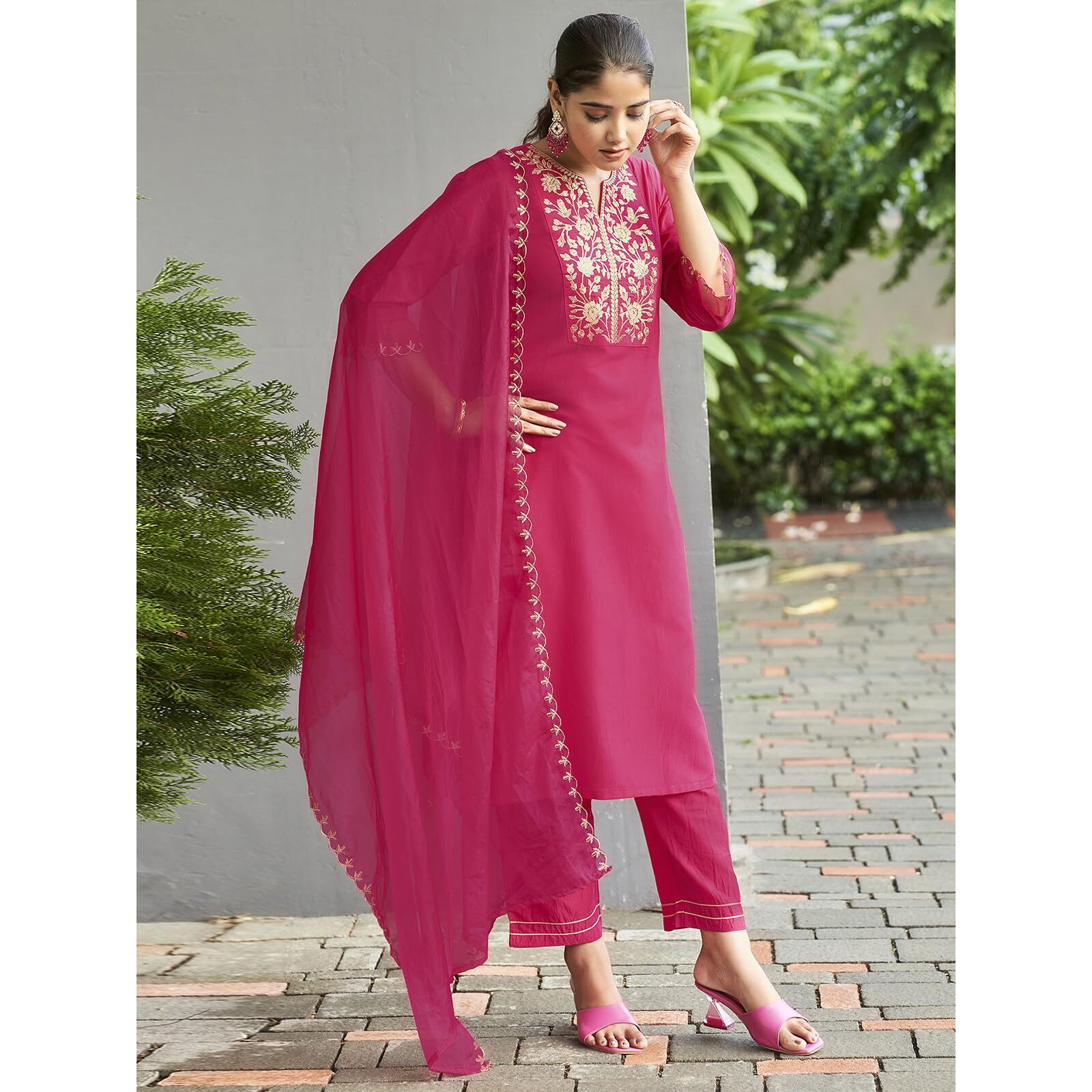 Sanisa Women's Chinnon Silk Sequence Embroidery Straight Kurta With Pant And Dupatta Set (38Kbd479N-M_Dark Hot Pink1)
