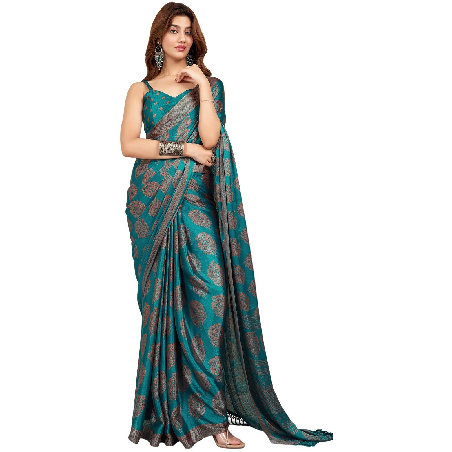 Satrani Women's Satin Georgette Printed Saree With Unstitched Blouse Piece (3870S126N_Teal Blue)