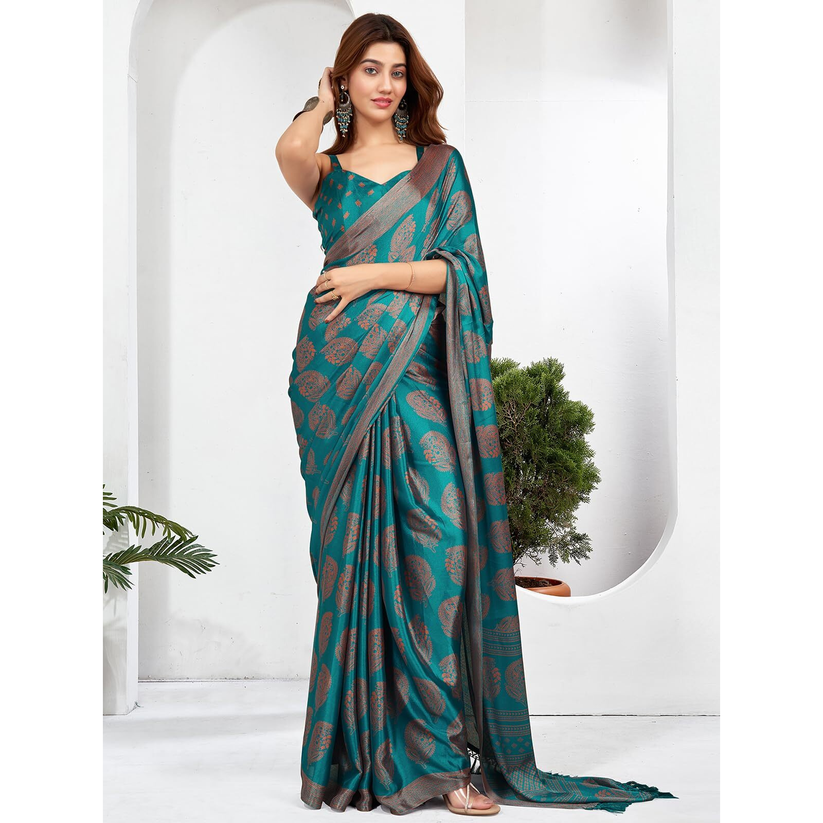 Satrani Women's Satin Georgette Printed Saree With Unstitched Blouse Piece (3870S126N_Teal Blue)