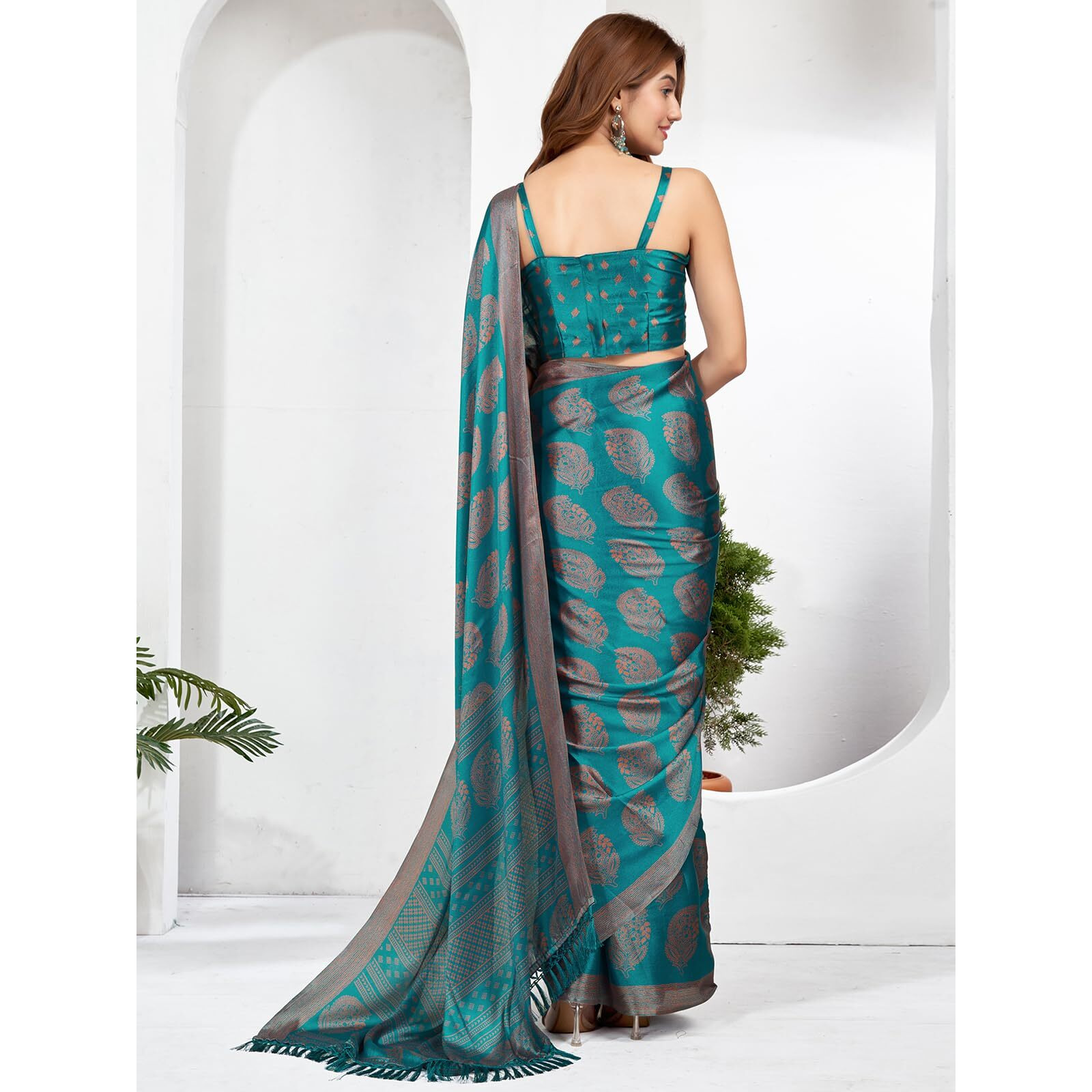 Satrani Women's Satin Georgette Printed Saree With Unstitched Blouse Piece (3870S126N_Teal Blue)