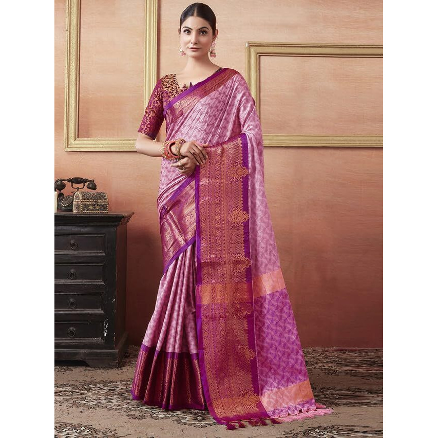 Satrani Women's Cotton Silk Dobby Weave Jacquard Border Saree With Unstitched Blouse Piece (3579S2513N_Light Pink & Purple)