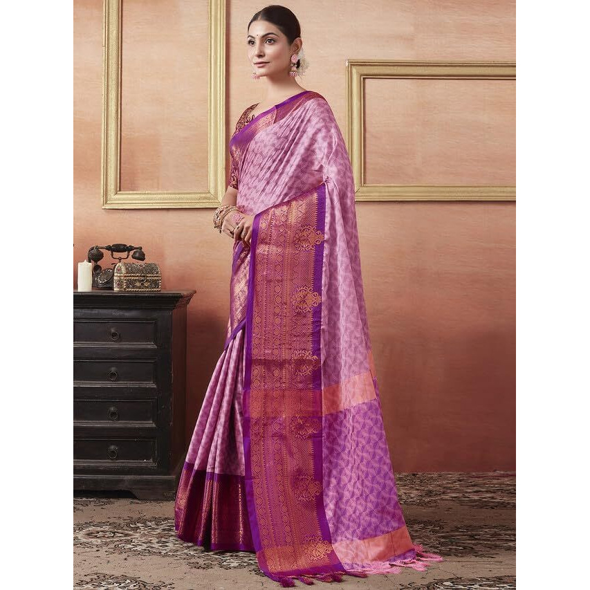 Satrani Women's Cotton Silk Dobby Weave Jacquard Border Saree With Unstitched Blouse Piece (3579S2513N_Light Pink & Purple)