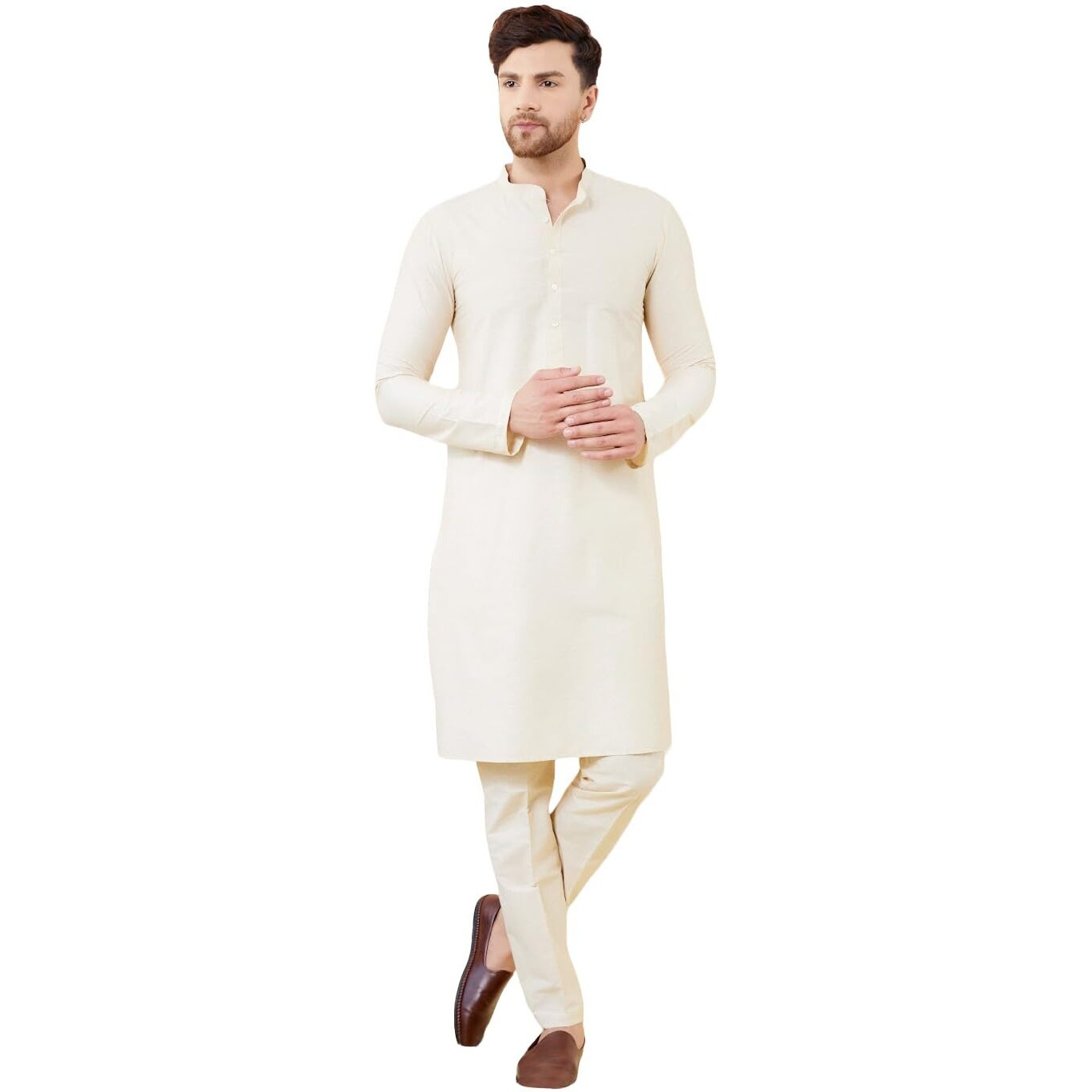 See Designs Men Full Sleeve Mandarin Collar Side Slit Ivory Cotton Solid Straight Kurta With Matching Pyjama - Sdkt2413-17Xl