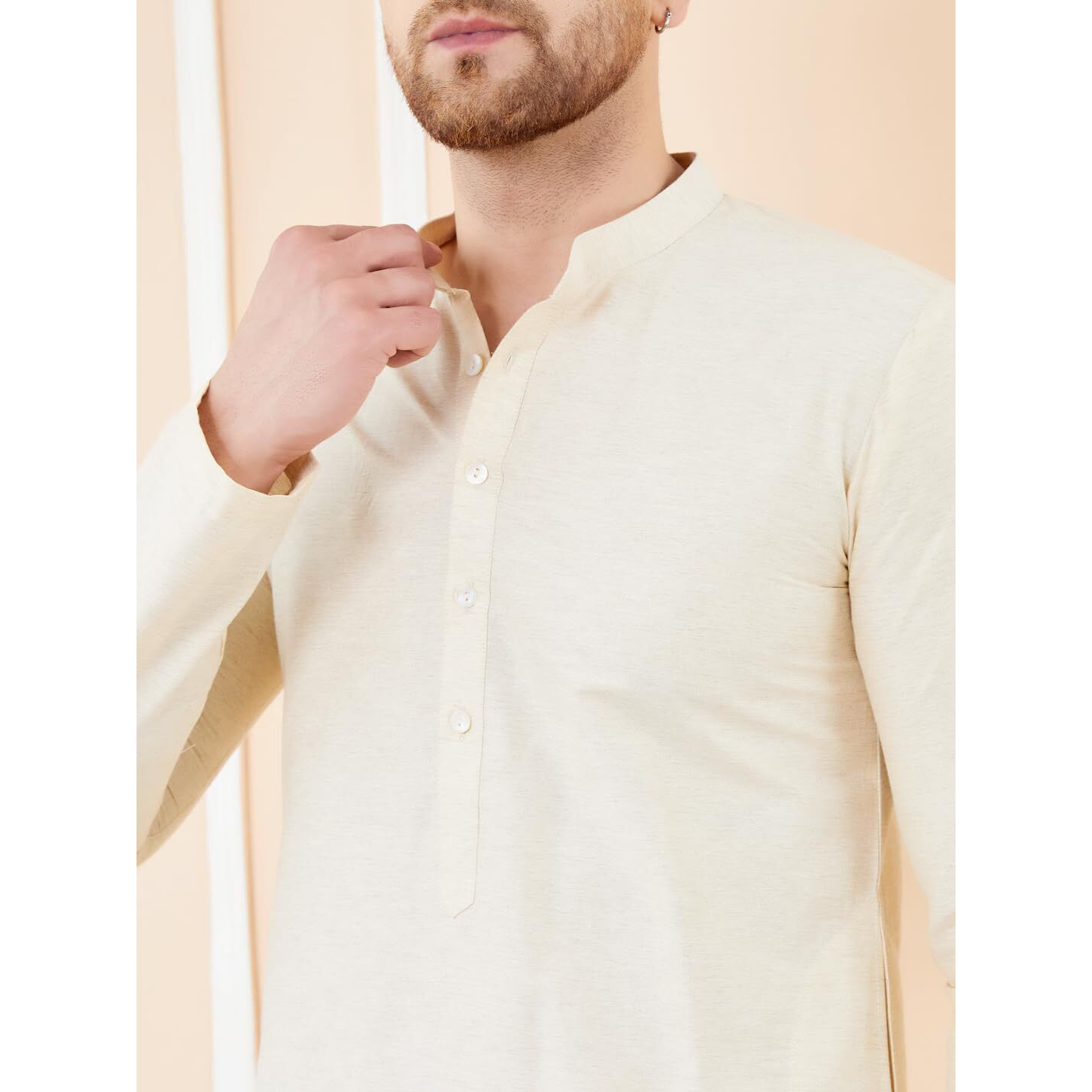 See Designs Men Full Sleeve Mandarin Collar Side Slit Ivory Cotton Solid Straight Kurta With Matching Pyjama - Sdkt2413-17Xl