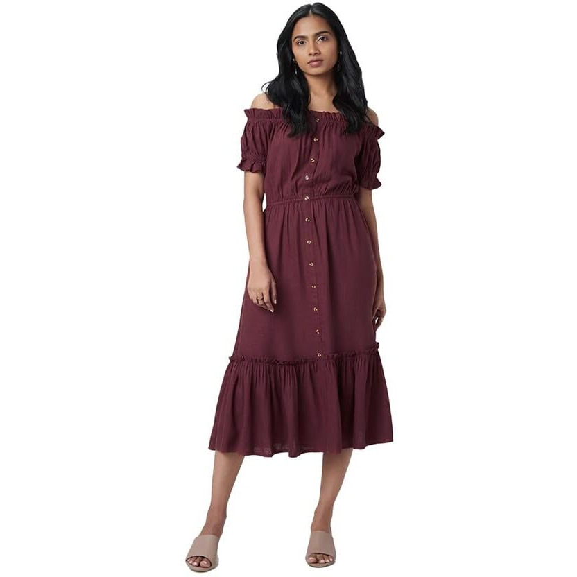 Selvia Women's Solid Off Shoulder Sleeve Crepe Off Shoulder Fit & Flare Dress (526Tk7684N-M_Maroon)