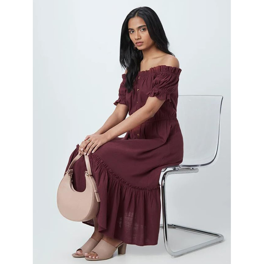 Selvia Women's Solid Off Shoulder Sleeve Crepe Off Shoulder Fit & Flare Dress (526Tk7684N-M_Maroon)