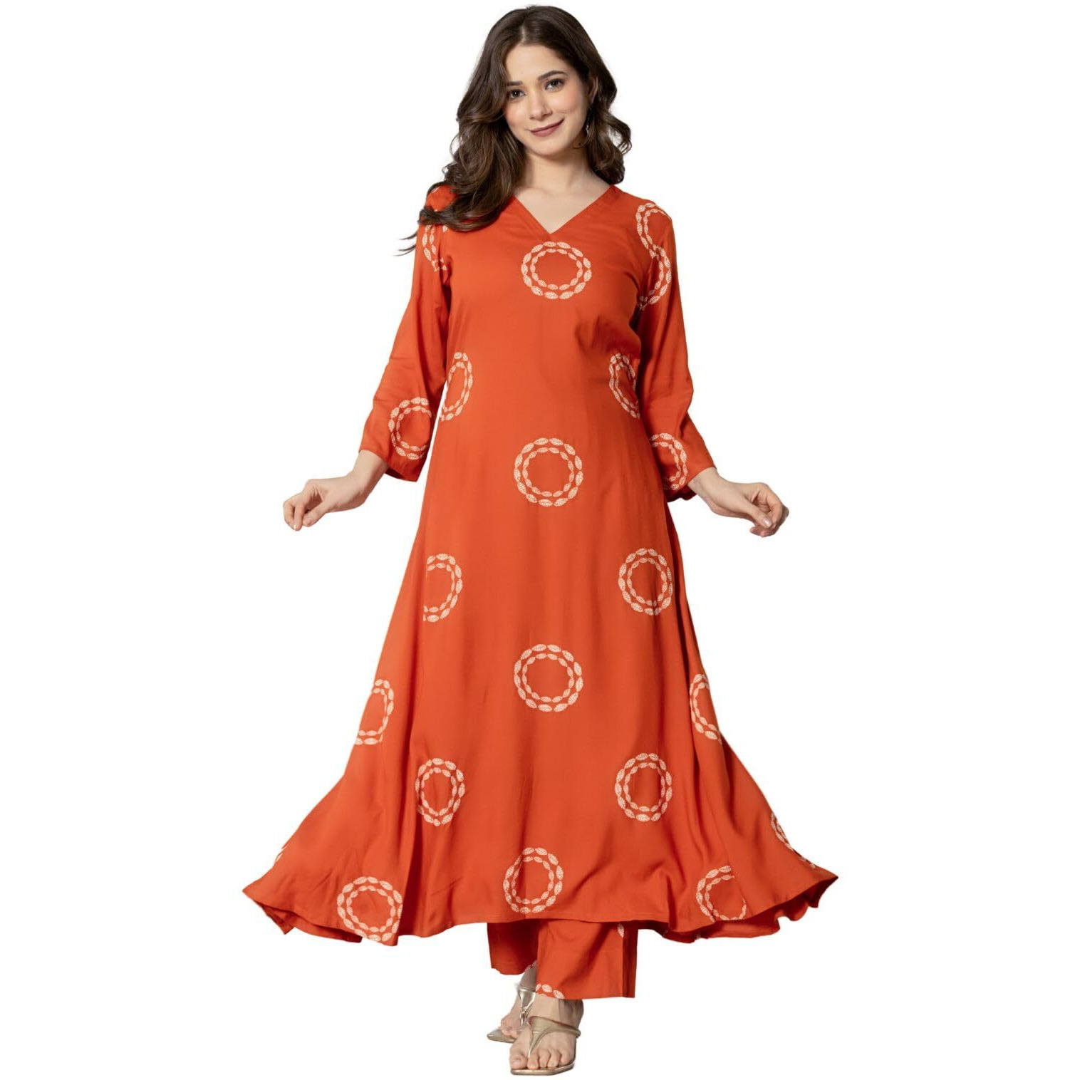 Rytras Women's Pure Cotton Printed Kurta Set With Palazzo Pants - Ethnic Wear, Orange(Ryt591,S)