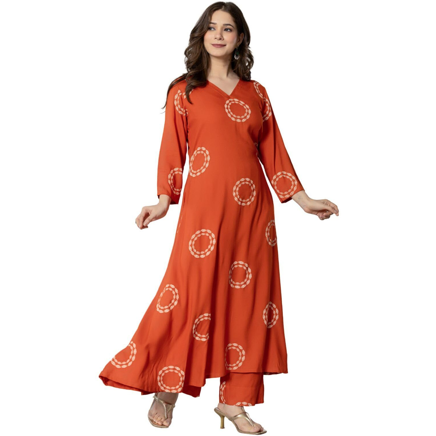 Rytras Women's Pure Cotton Printed Kurta Set With Palazzo Pants - Ethnic Wear, Orange(Ryt591,S)