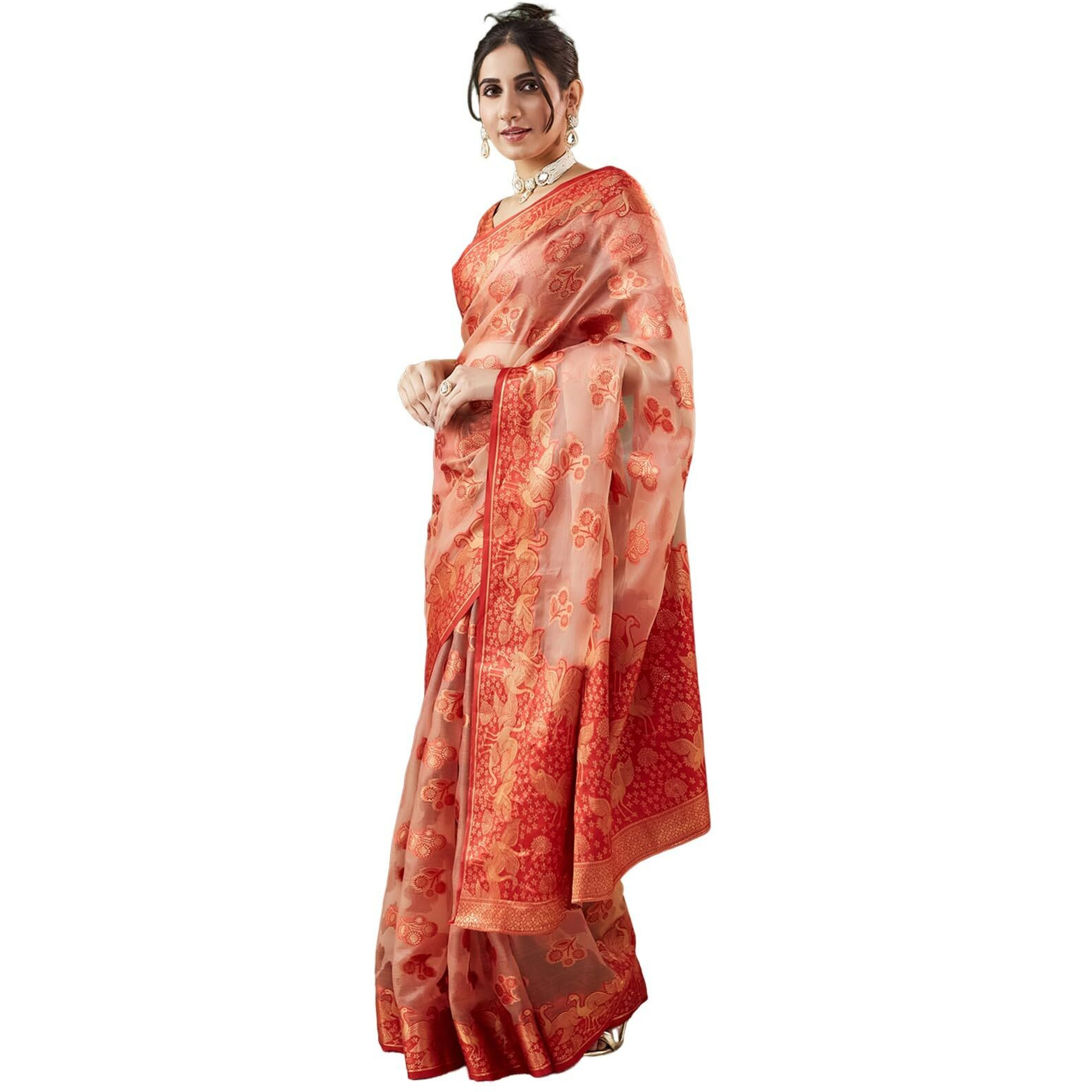 Satrani Women's Organza Weaving Banarasi Saree With Unstitched Blouse Piece (4113S6515N_Cream & Red)