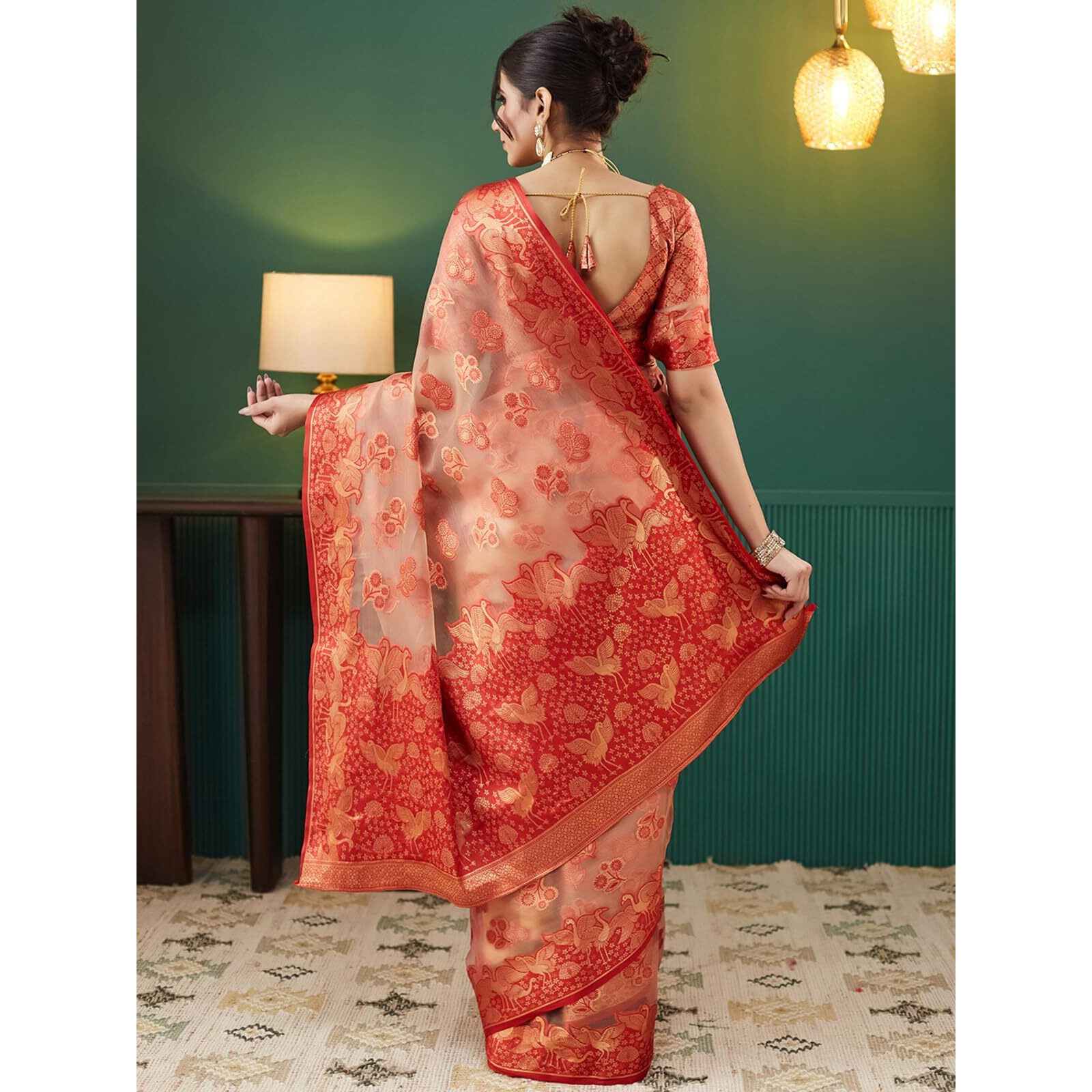 Satrani Women's Organza Weaving Banarasi Saree With Unstitched Blouse Piece (4113S6515N_Cream & Red)