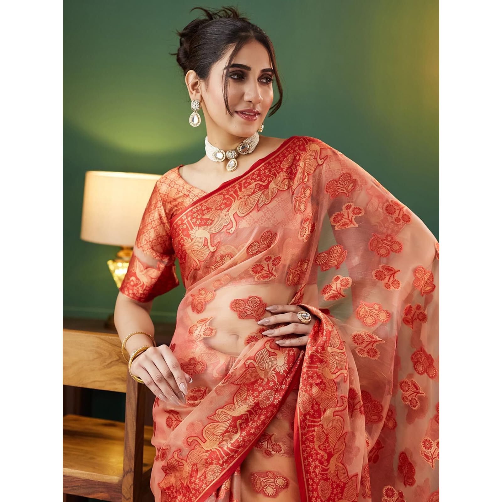 Satrani Women's Organza Weaving Banarasi Saree With Unstitched Blouse Piece (4113S6515N_Cream & Red)