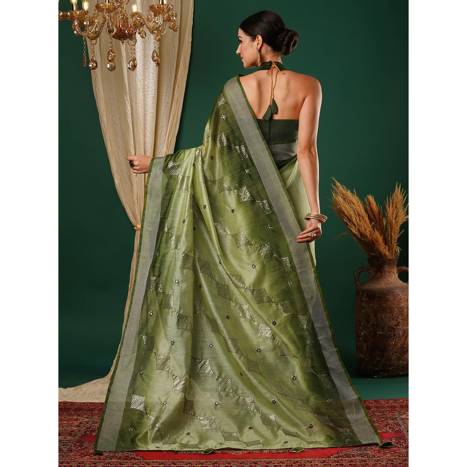 Satrani Women's Silk Blend Dual Tone Sequence Embroidery Woven Border Saree With Unstitched Blouse Piece (3914S505N_Light Green & Green &)