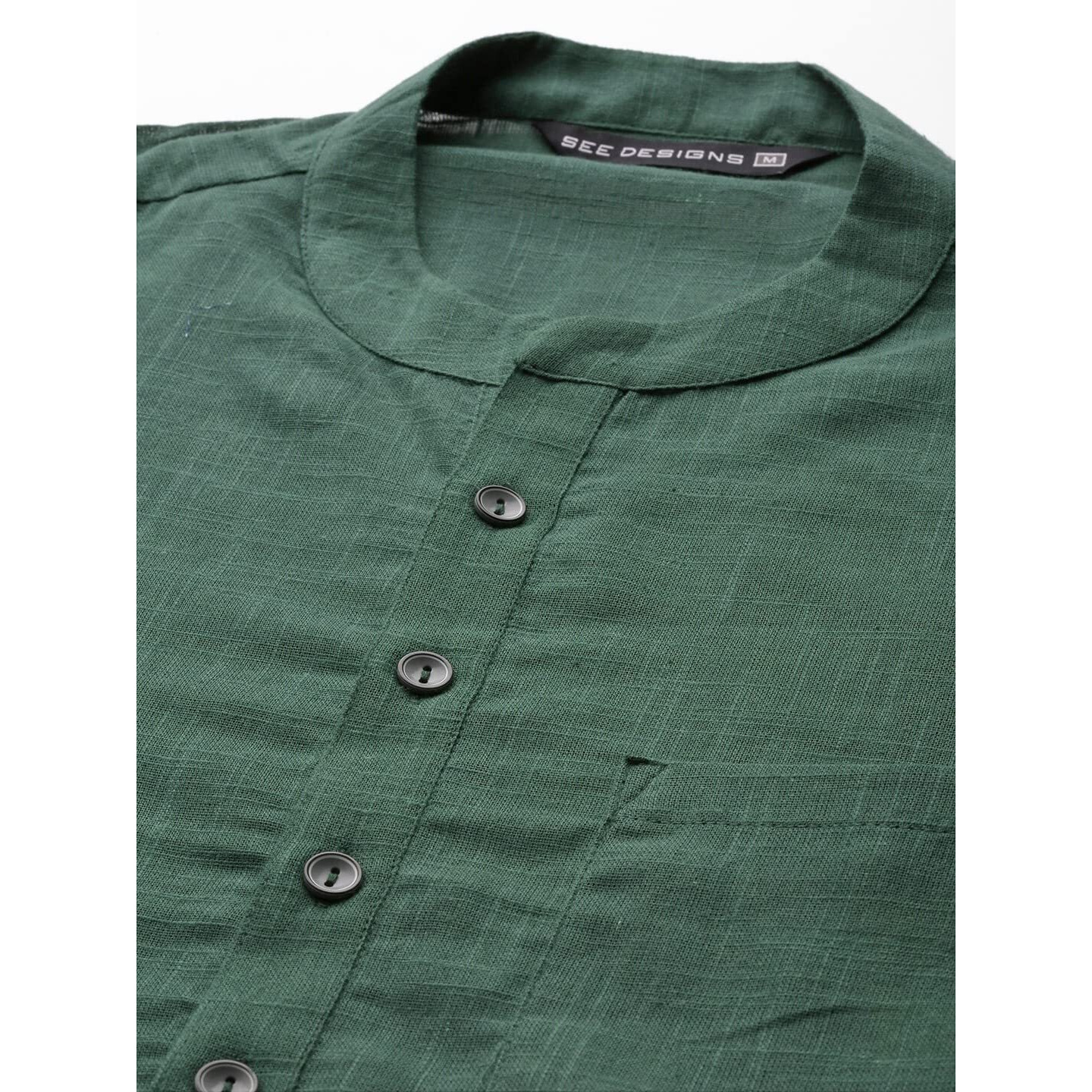 See Designs Green & White Cotton Regular Fit Kurta Set Madern Collar Stright Hem Side Full Sleeve Straght Kurta With Pyjama_Sdkt102301Xl