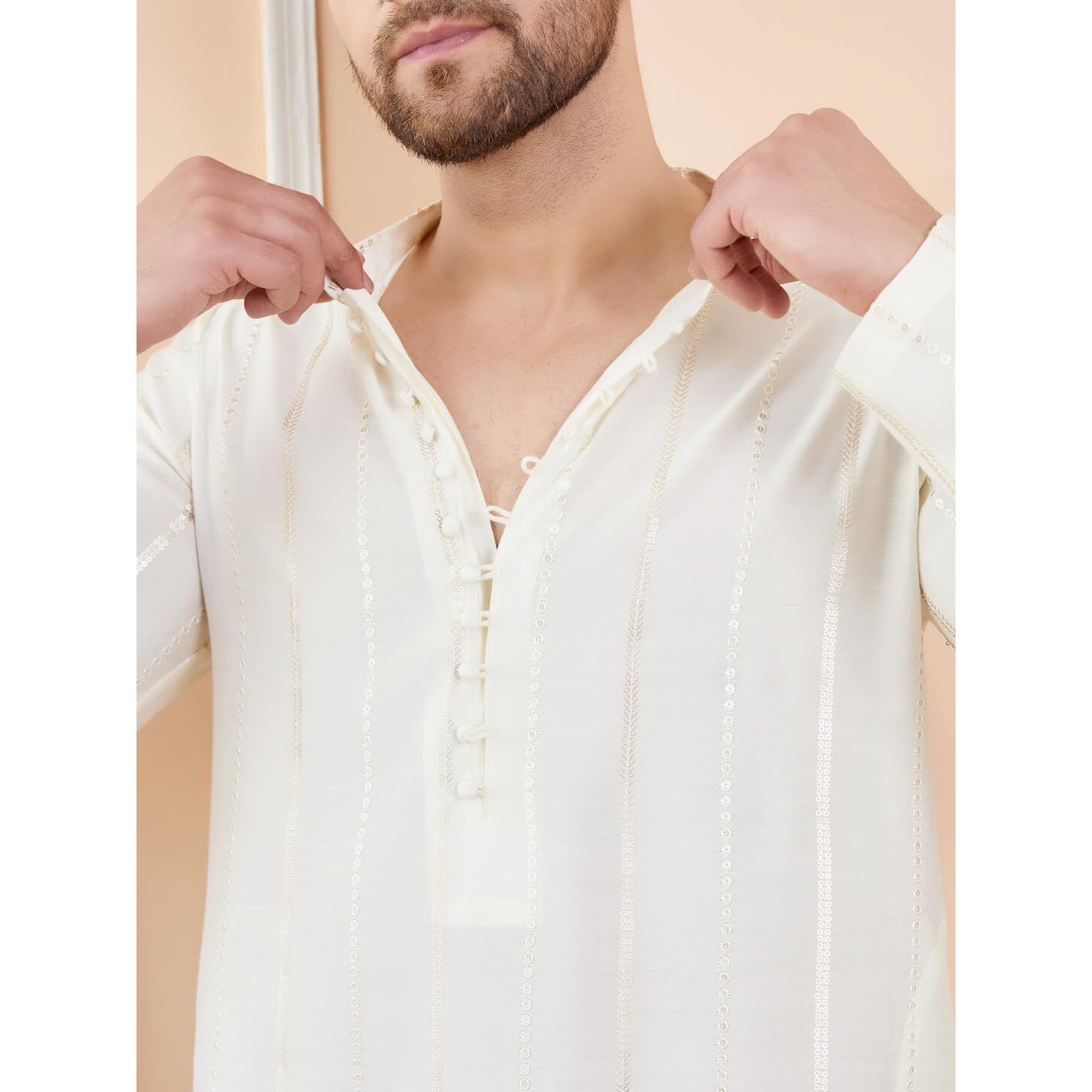 See Designs Men Full Sleeve Side Slit Off White And Gold Chanderi Silk Sequins Mandarin Collar Kurta - Sd2Kt_2437S
