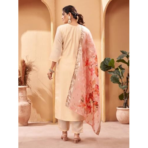 Smowkly Cotton Silk Blend || Dupatta Set || Kurta Pant Set || Printed Dupatta Set || Ethnic Set For Women (Peach, 3Xl)