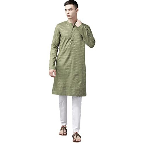 See Designs Men's Green & Gold Stripe Printed Straight Kurta - Sd2Kt_1134Xs