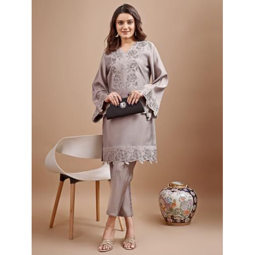 Womanista Women Silk Blend Solid Grey Colour Tonal Seuiqnns Embroidey Work Tunic With Trouser Set(Co-Ords_9063_S, Regular Fit)