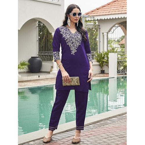 Womanista Women's Purple Colour Silk Blend Codding & Thread Embroidered Tunic With Trouser Coord Set(Co-Ords_9127_Xxl)
