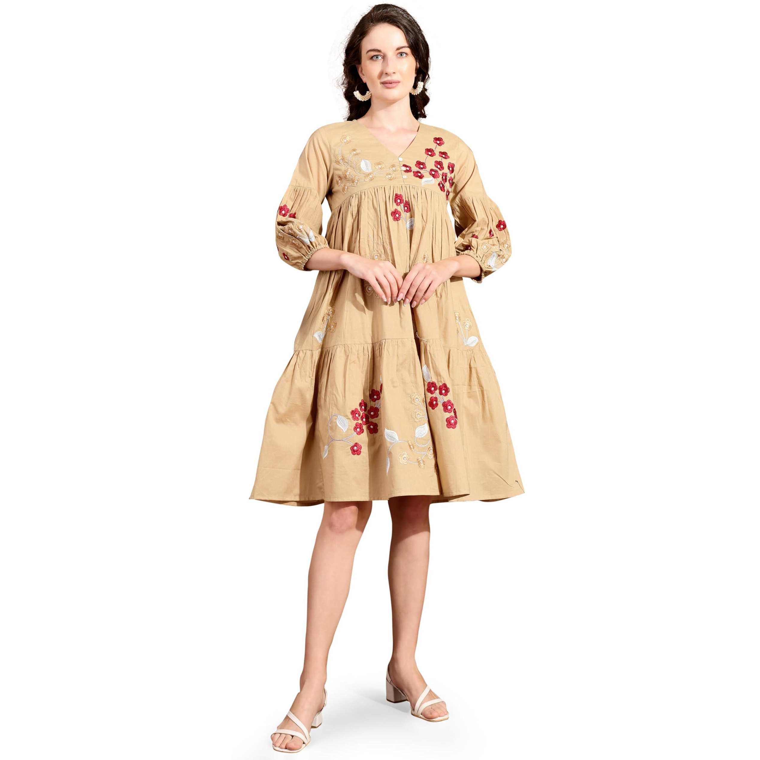Womanista Women's Beige Cotton With All Over Embroidery V-Neck Tiered Ethnic Dress Knee Length (Ethnicdress_106 M)