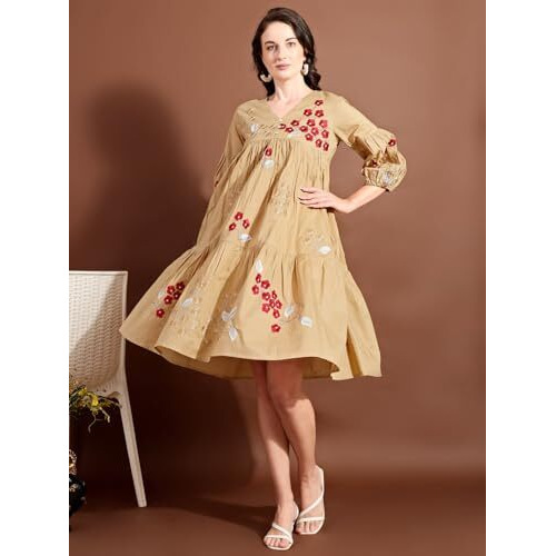 Womanista Women's Beige Cotton With All Over Embroidery V-Neck Tiered Ethnic Dress Knee Length (Ethnicdress_106 M)