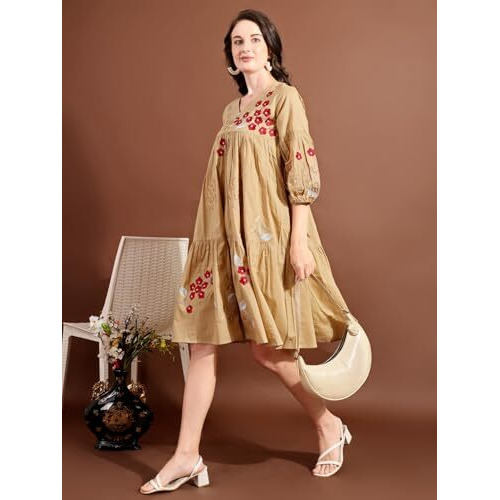 Womanista Women's Beige Cotton With All Over Embroidery V-Neck Tiered Ethnic Dress Knee Length (Ethnicdress_106 M)