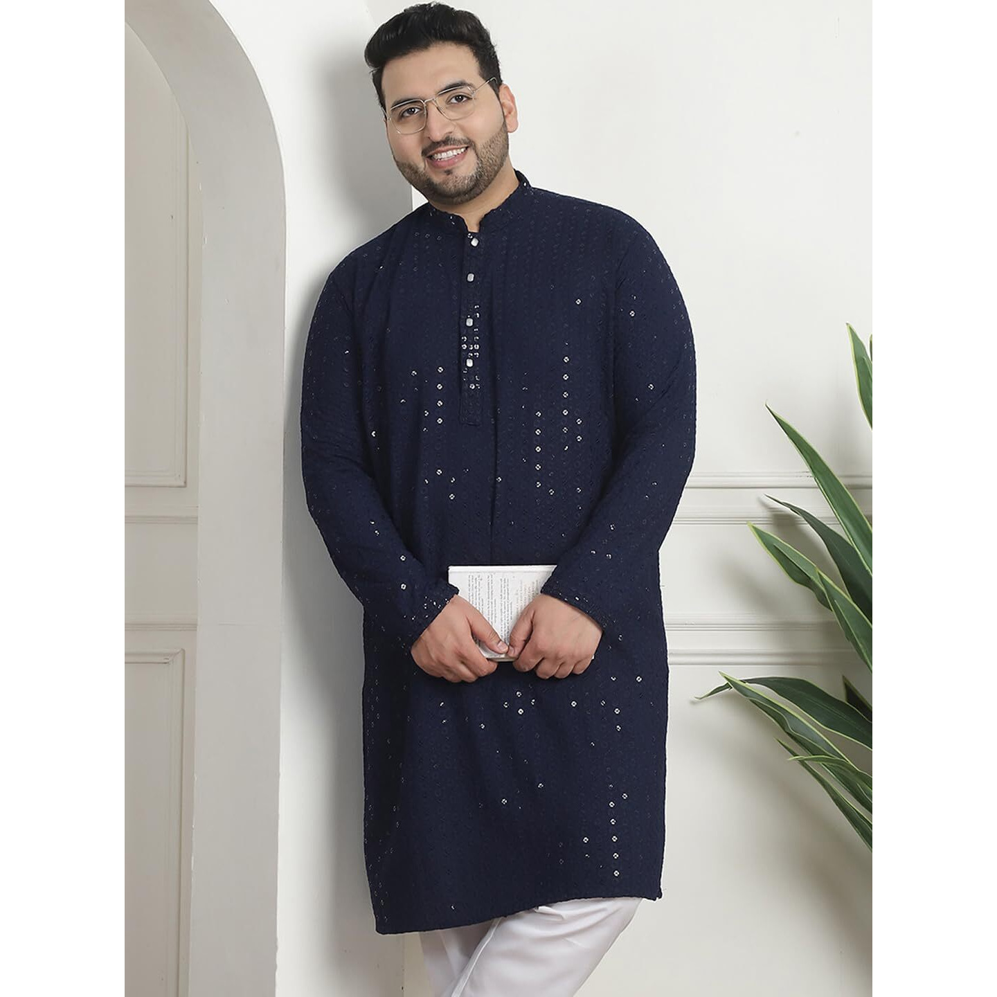 Sojanya Plus (Since 1958) Men's Cotton Sequinned Embroidered Navy Blue Long Kurta