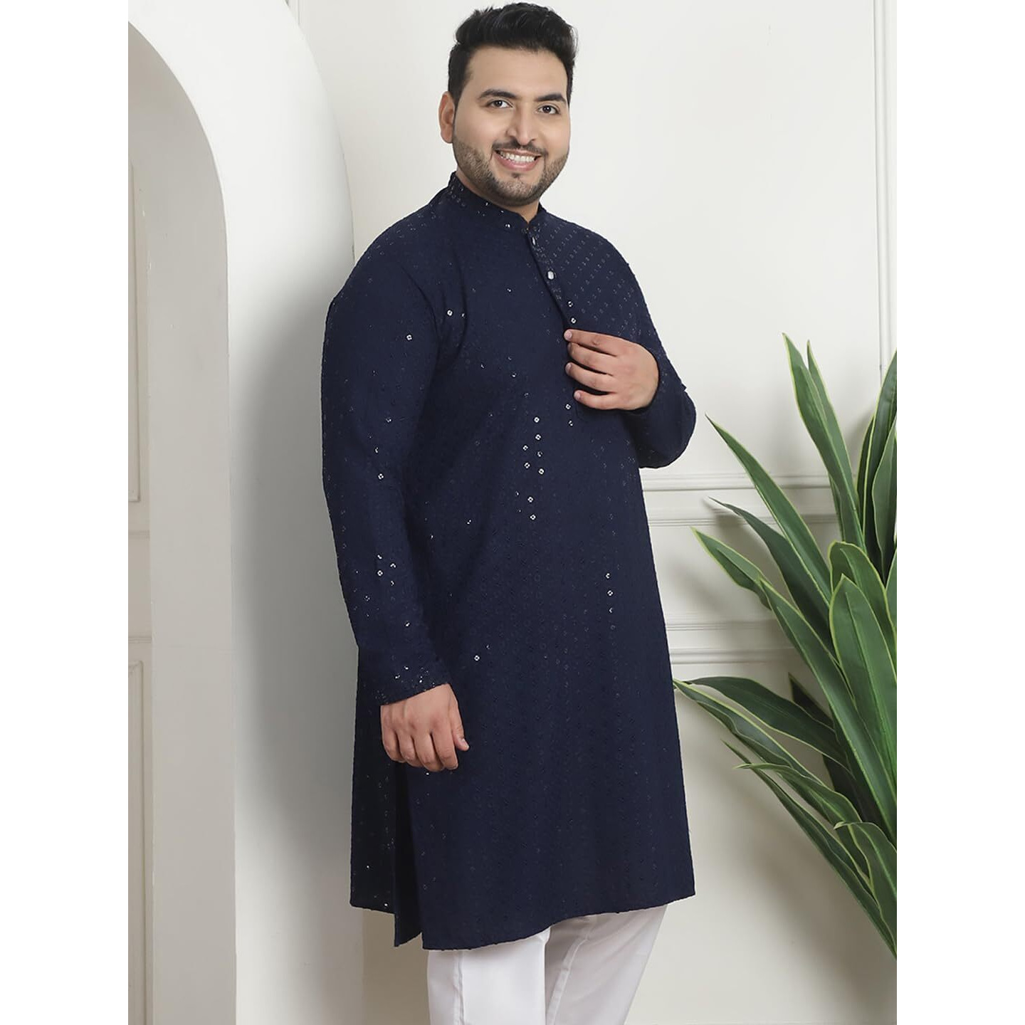 Sojanya Plus (Since 1958) Men's Cotton Sequinned Embroidered Navy Blue Long Kurta