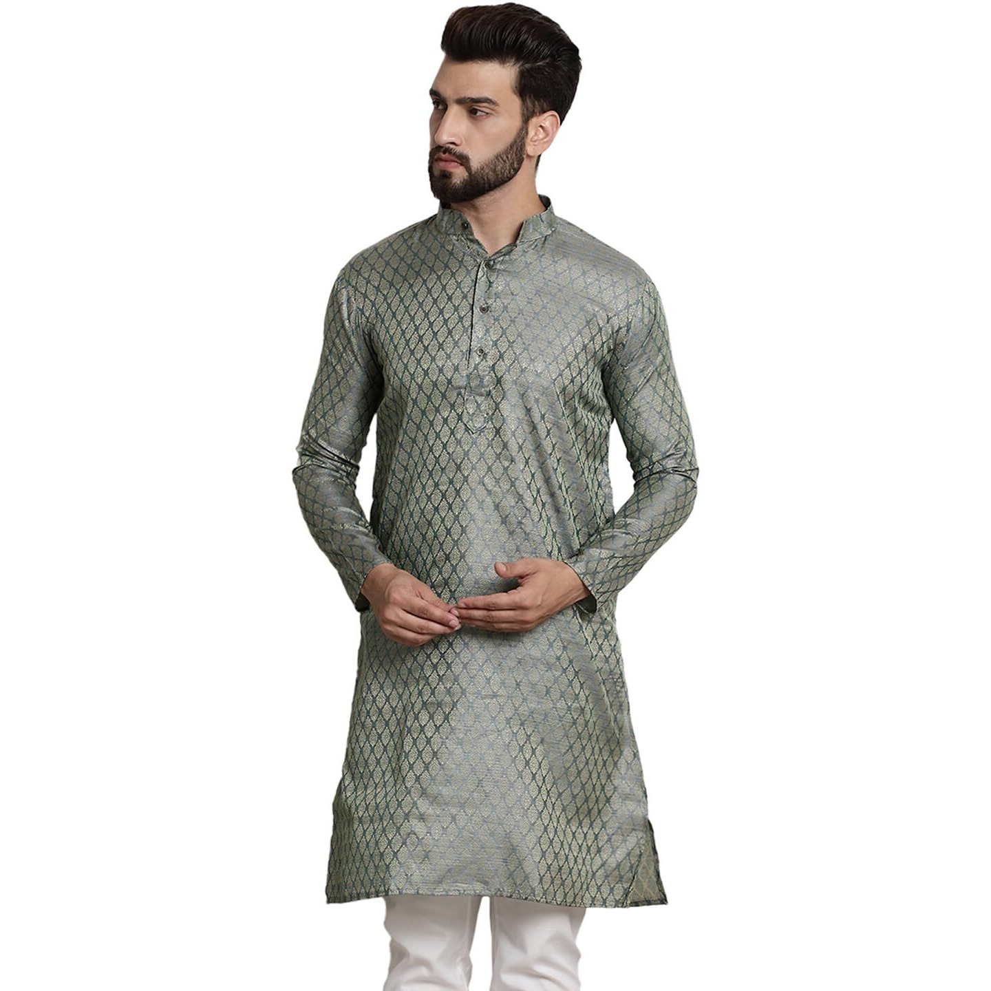 Sojanya (Since 1958 Men's Silk Blend Teal Green Color Self Design Only Long Kurta