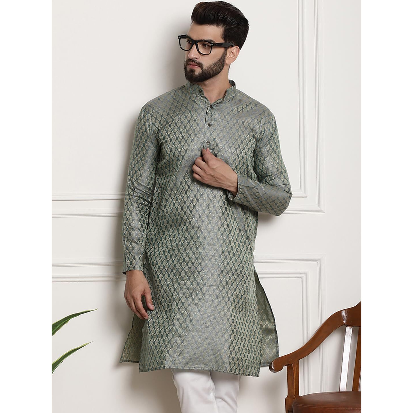 Sojanya (Since 1958 Men's Silk Blend Teal Green Color Self Design Only Long Kurta