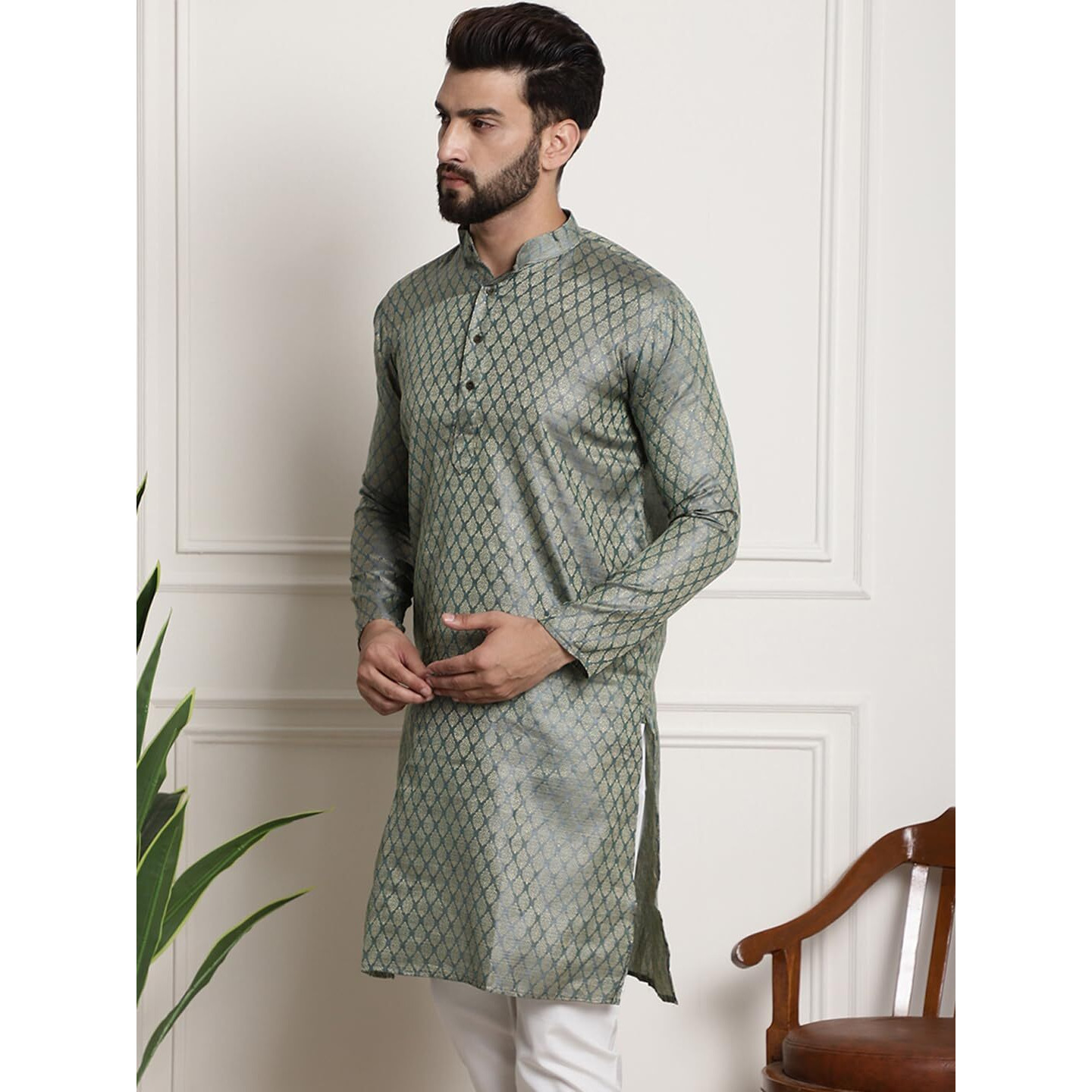 Sojanya (Since 1958 Men's Silk Blend Teal Green Color Self Design Only Long Kurta