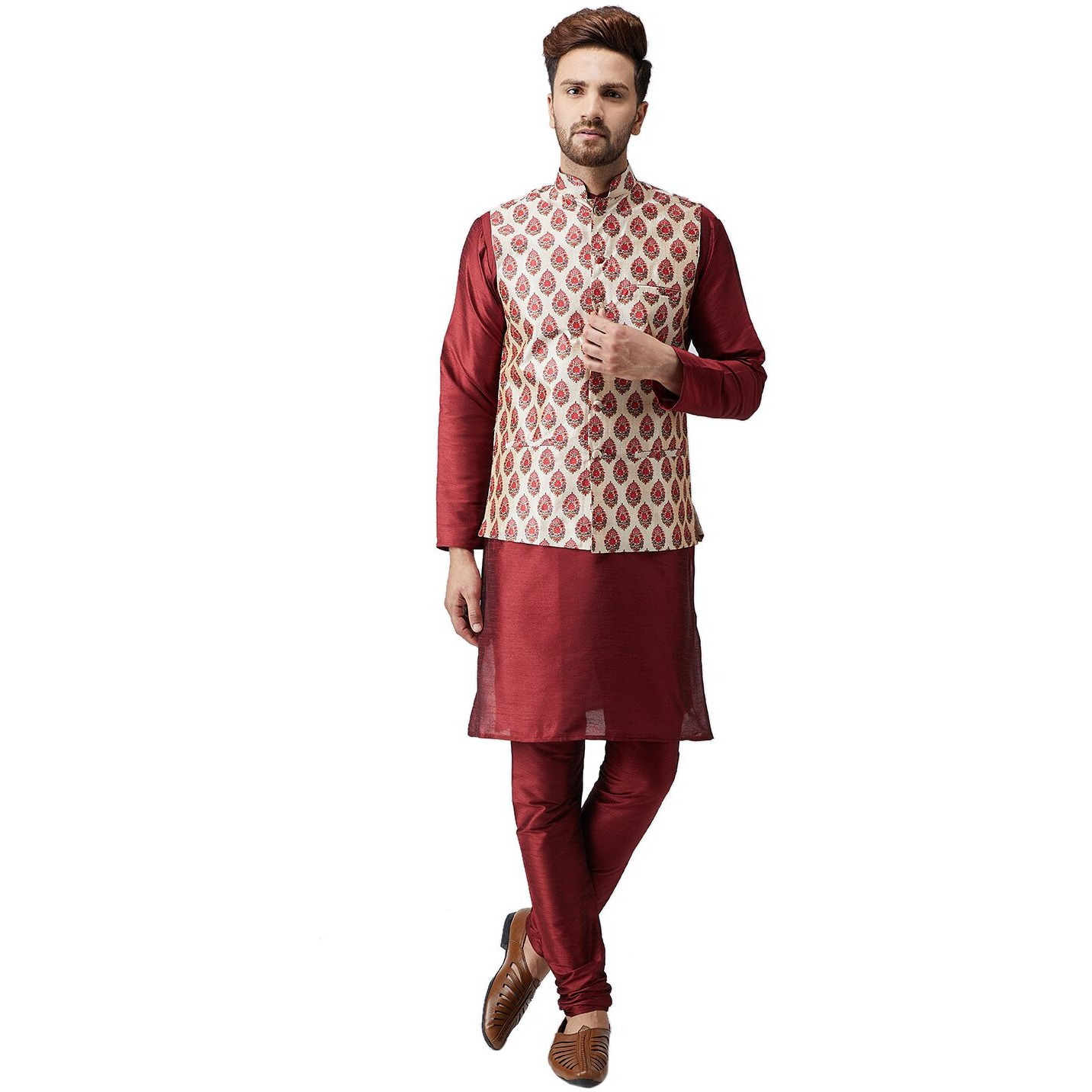 Sojanya (Since 1958 Men's Silk Maroon Kurta Pyjama & Printed Nehru Jacket Set Size Xxl