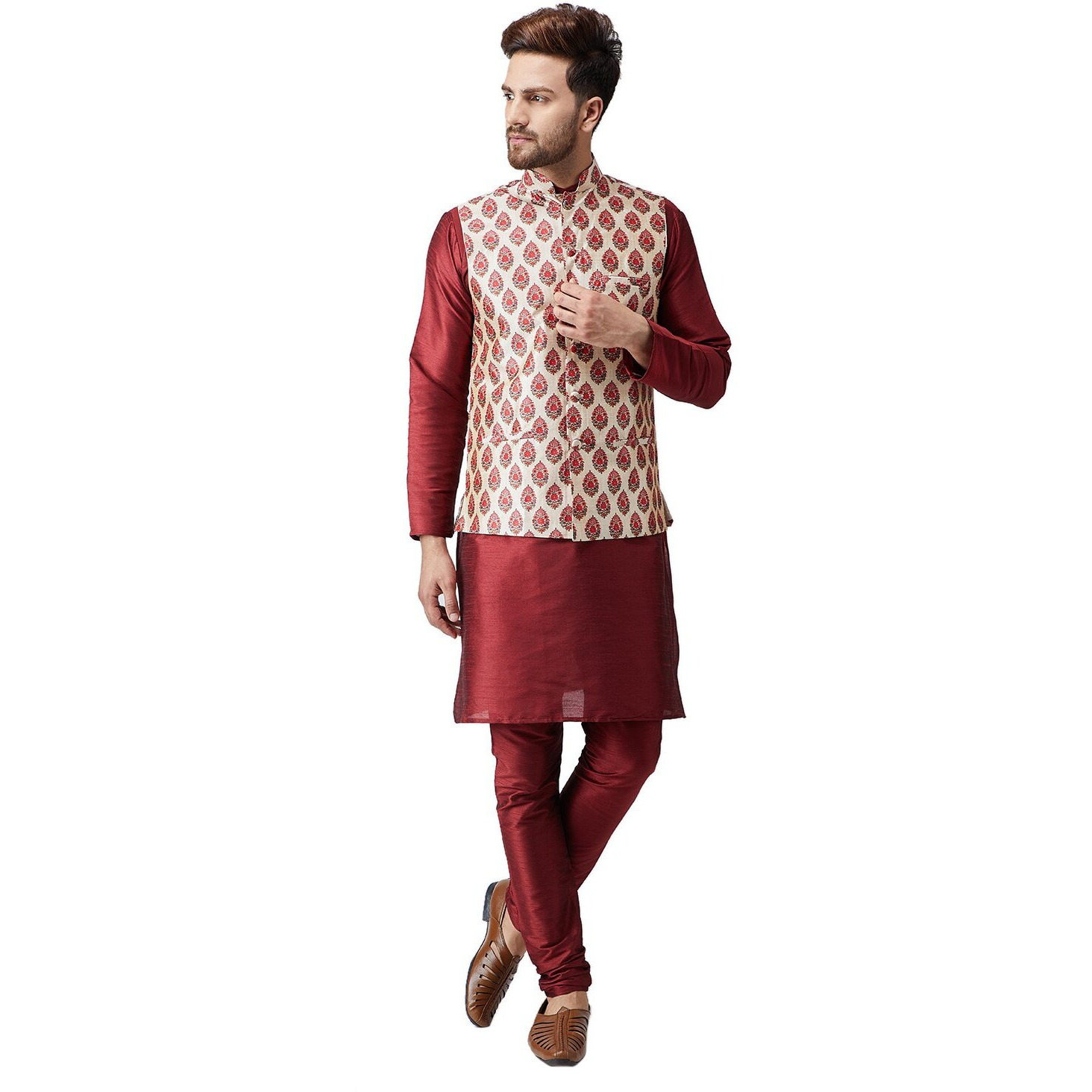 Sojanya (Since 1958 Men's Silk Maroon Kurta Pyjama & Printed Nehru Jacket Set Size Xxl