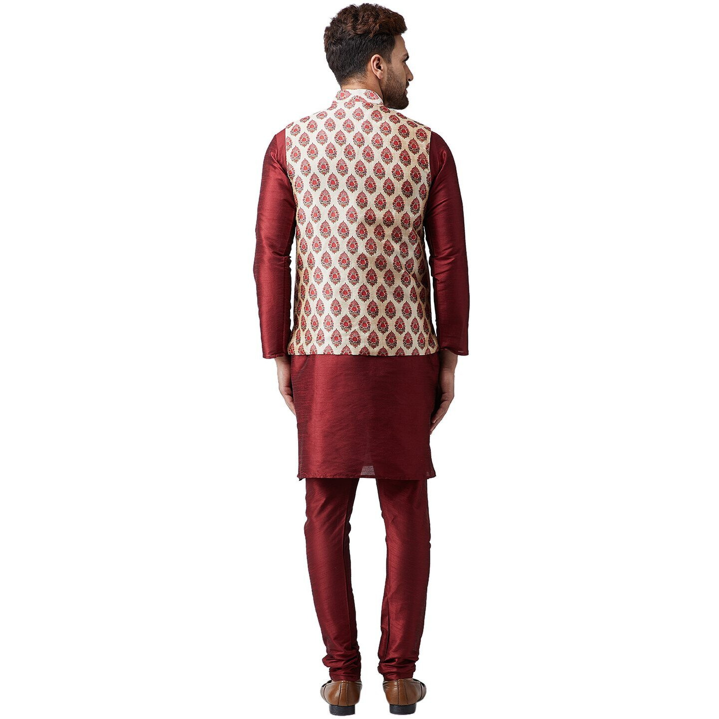 Sojanya (Since 1958 Men's Silk Maroon Kurta Pyjama & Printed Nehru Jacket Set Size Xxl